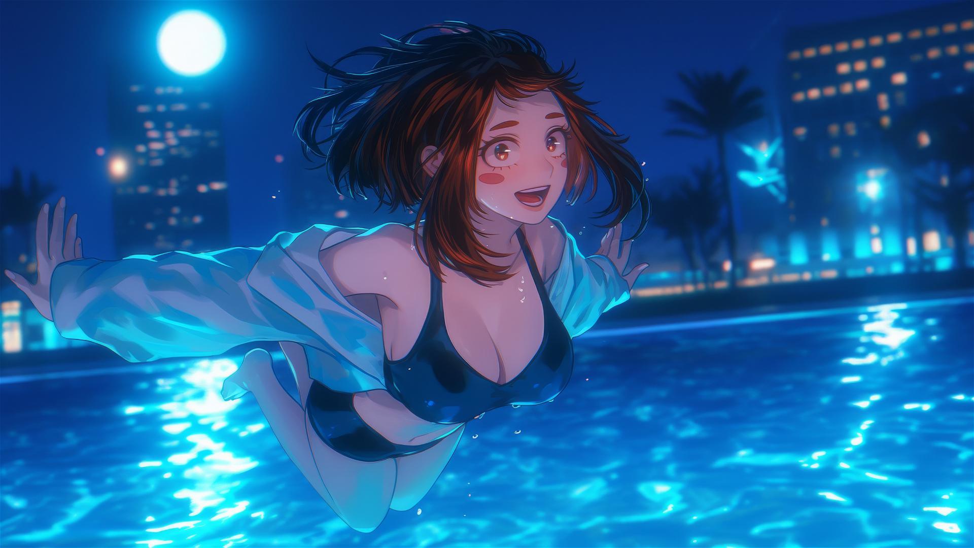 Ochaco Uraraka from My Hero Academia jumping out of swimming pool under moonlight