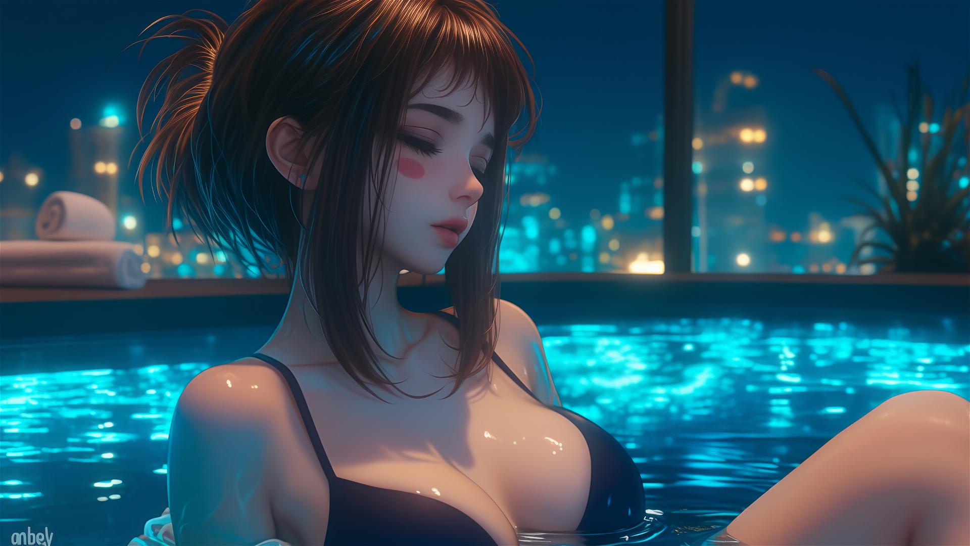 Ochaco Uraraka resting in a tub with warm light glowing on her