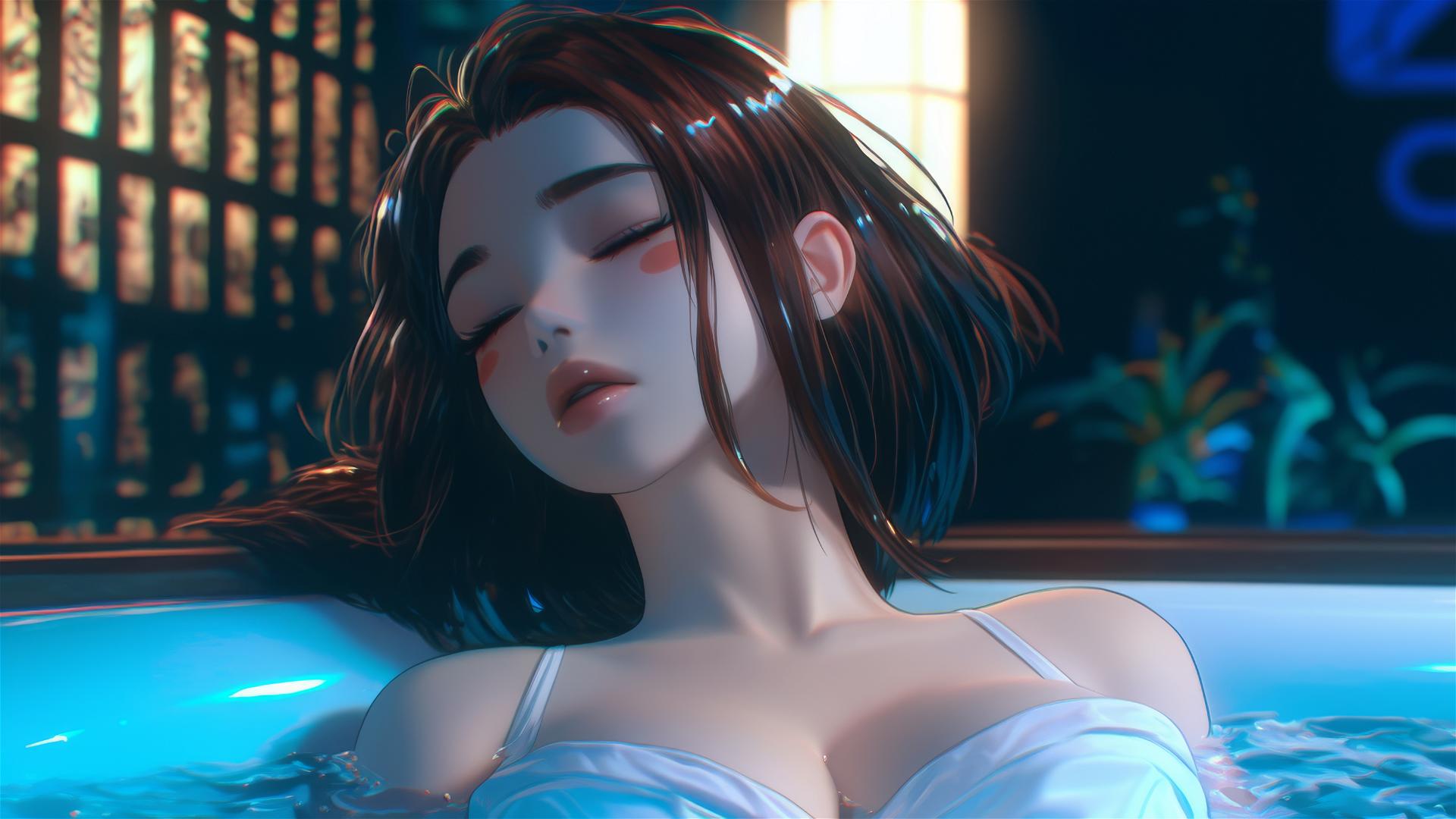 Ochaco Uraraka resting in a lit bathtub with auburn hair and eyes, and pink blush.