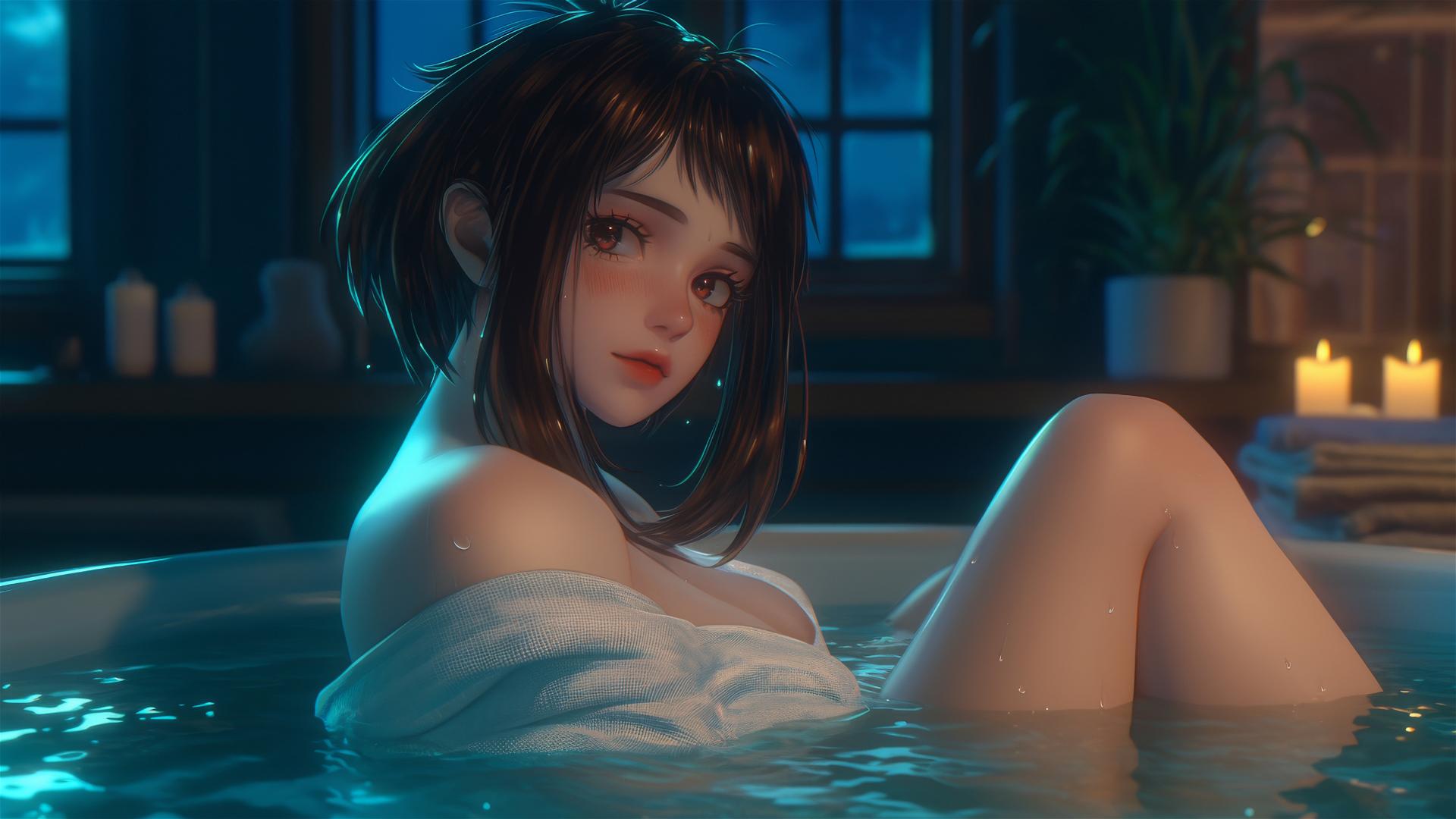 Ochaco Uraraka from My Hero Academia resting in a tub with warm light