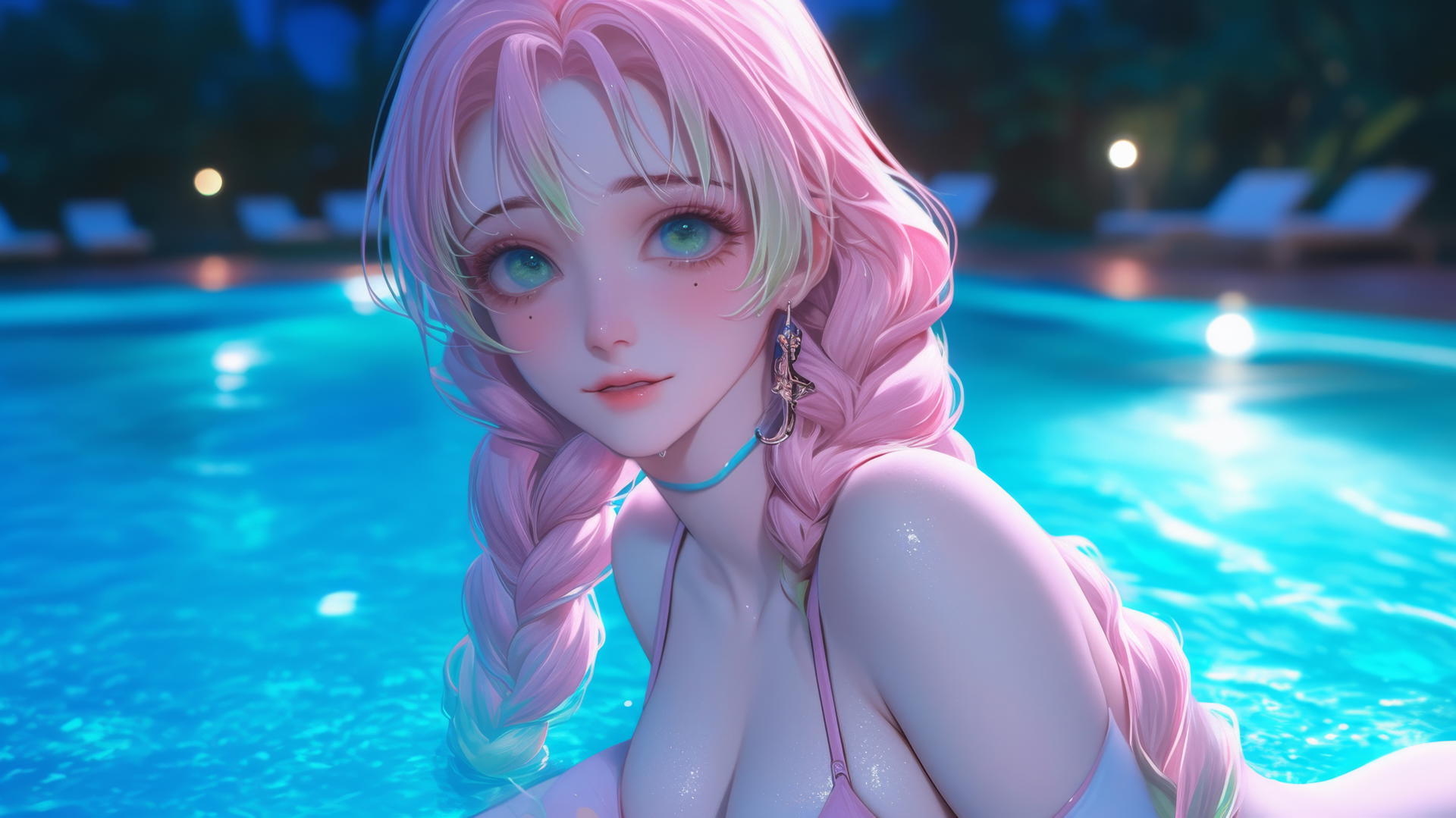 Mitsuri Kanroji from Demon Slayer resting by rainy pool under moonlight