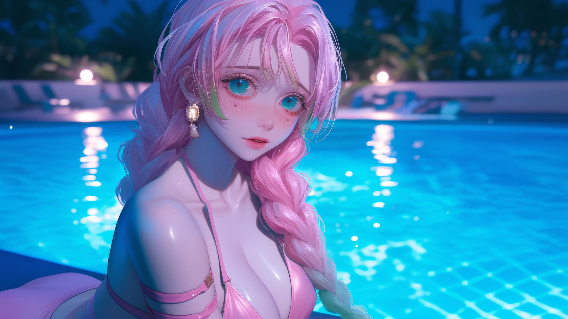 Mitsuri Kanroji from Demon Slayer resting by a rainy pool under moonlight