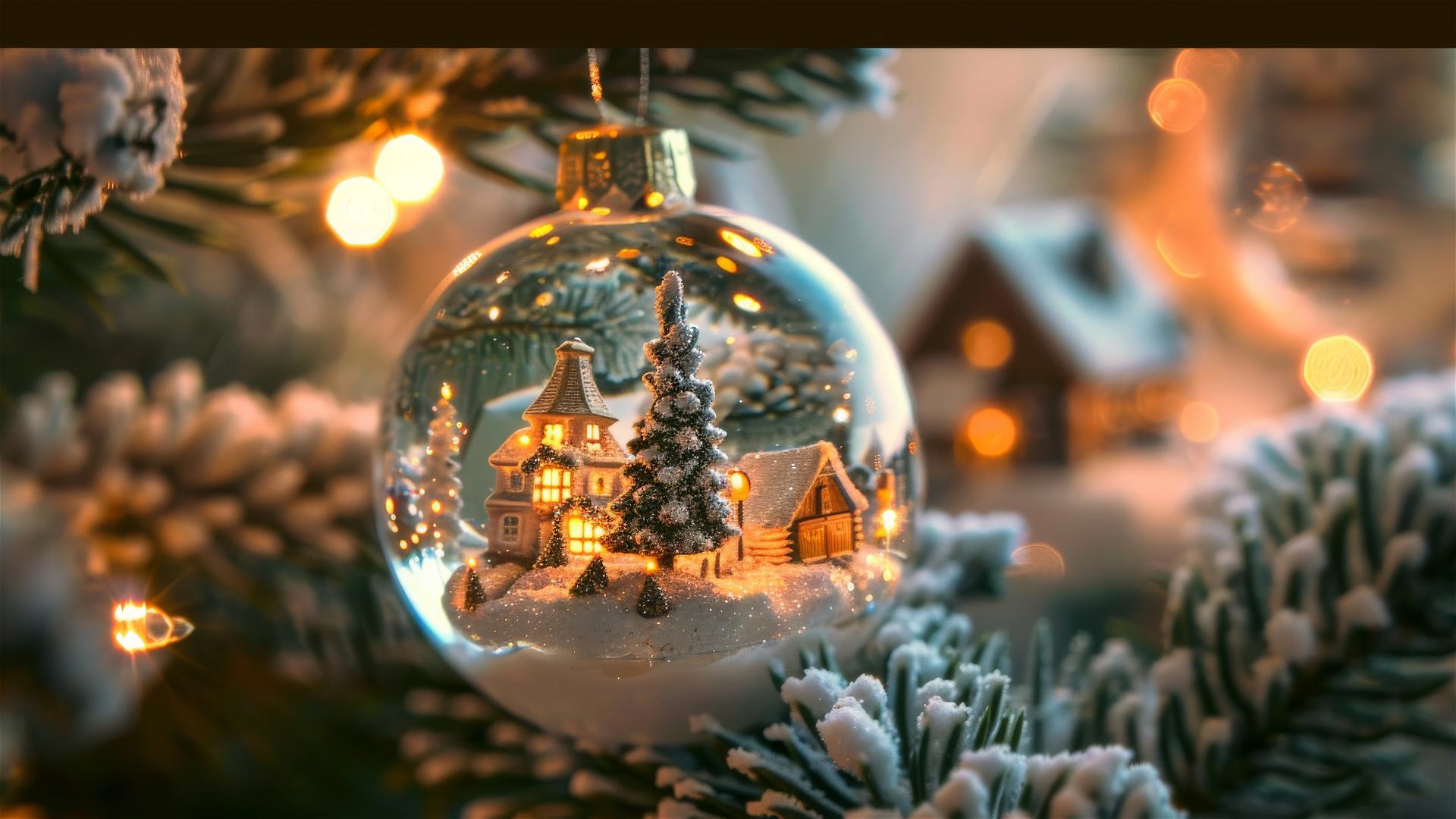 Glass Christmas balls with snowy villages inside on a tree