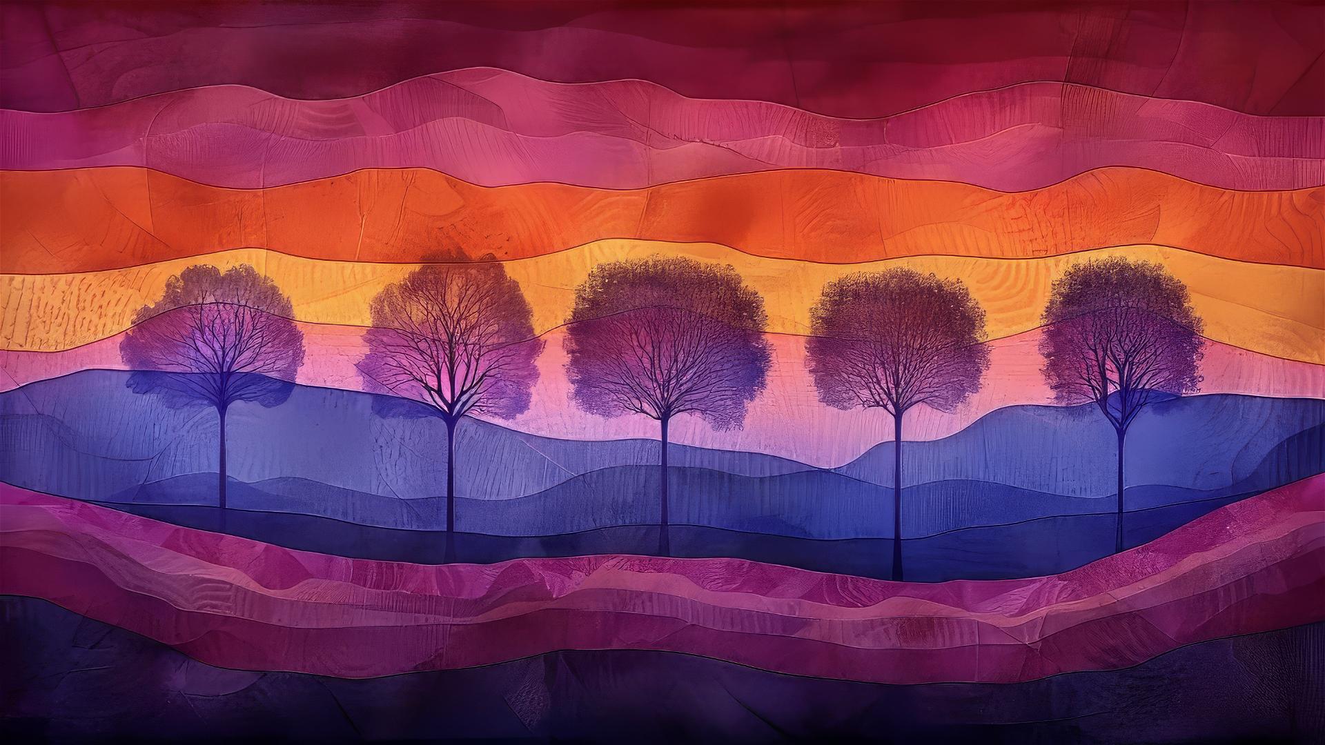 A forest scene with hidden creatures, autumn leaves, and a starry sunset sky