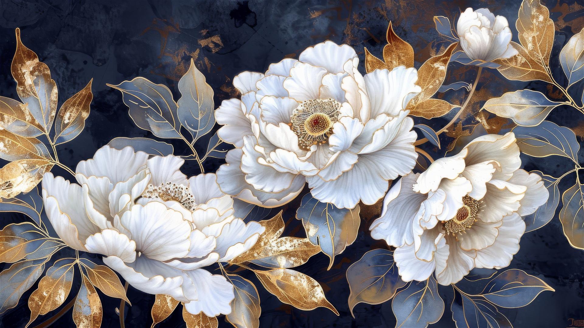 White flowers with gold and blue leaves, white peonies, dark beige floral patterns on a dark navy blue background.