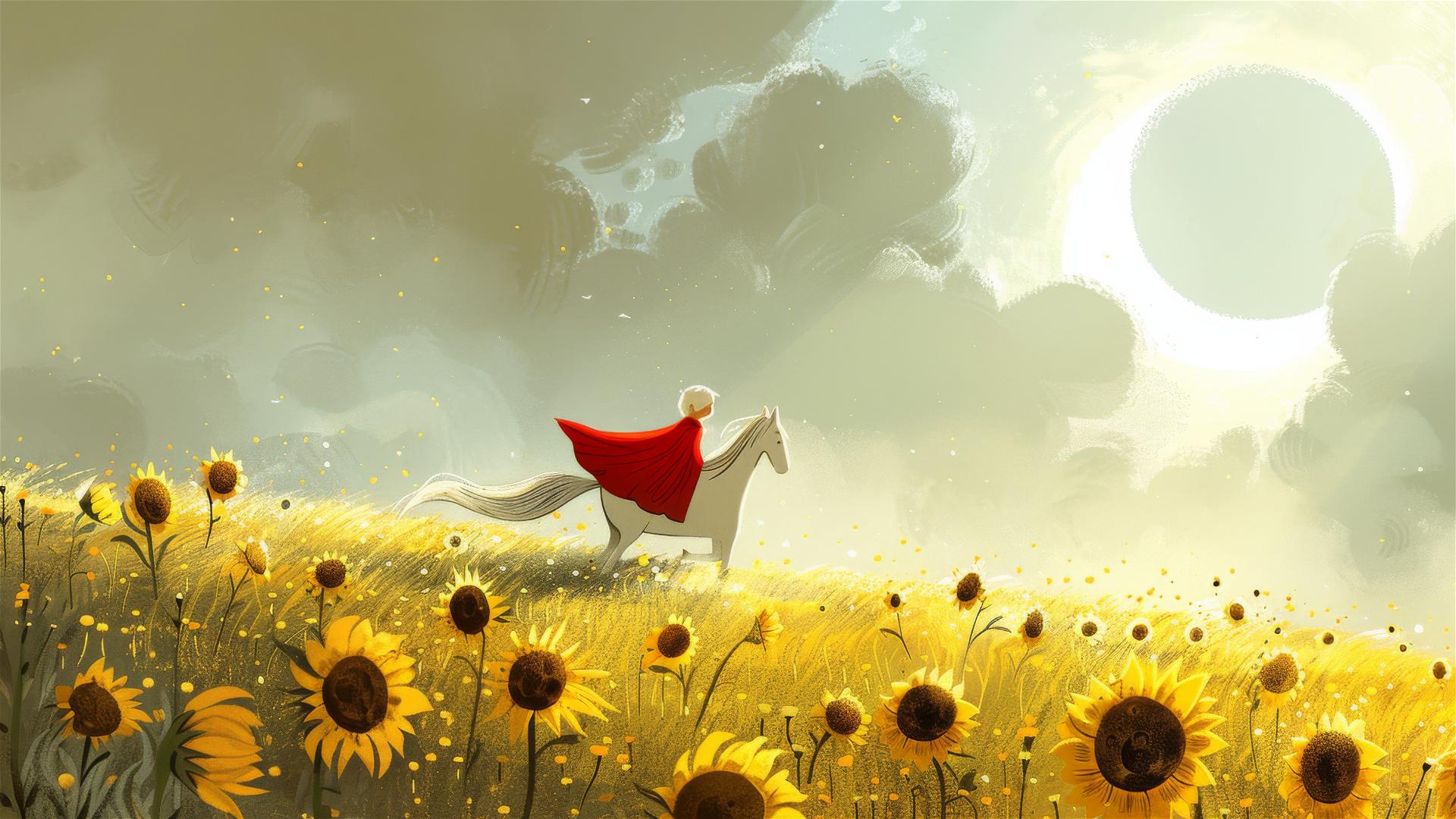 Happy kid rides white horse in sunflower field under a giant sun
