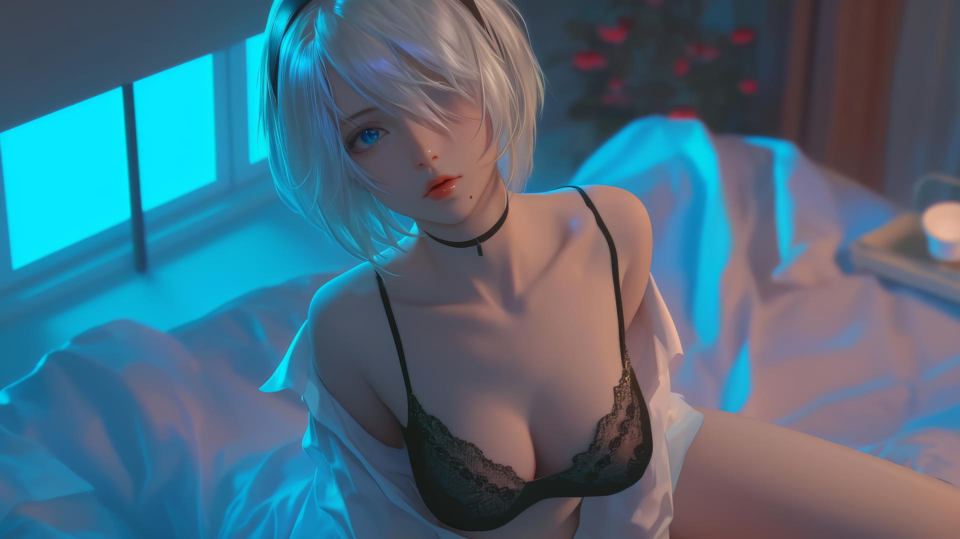 2B from Nier in white office shirt with black blindfold, illuminated by neon hotel light.
