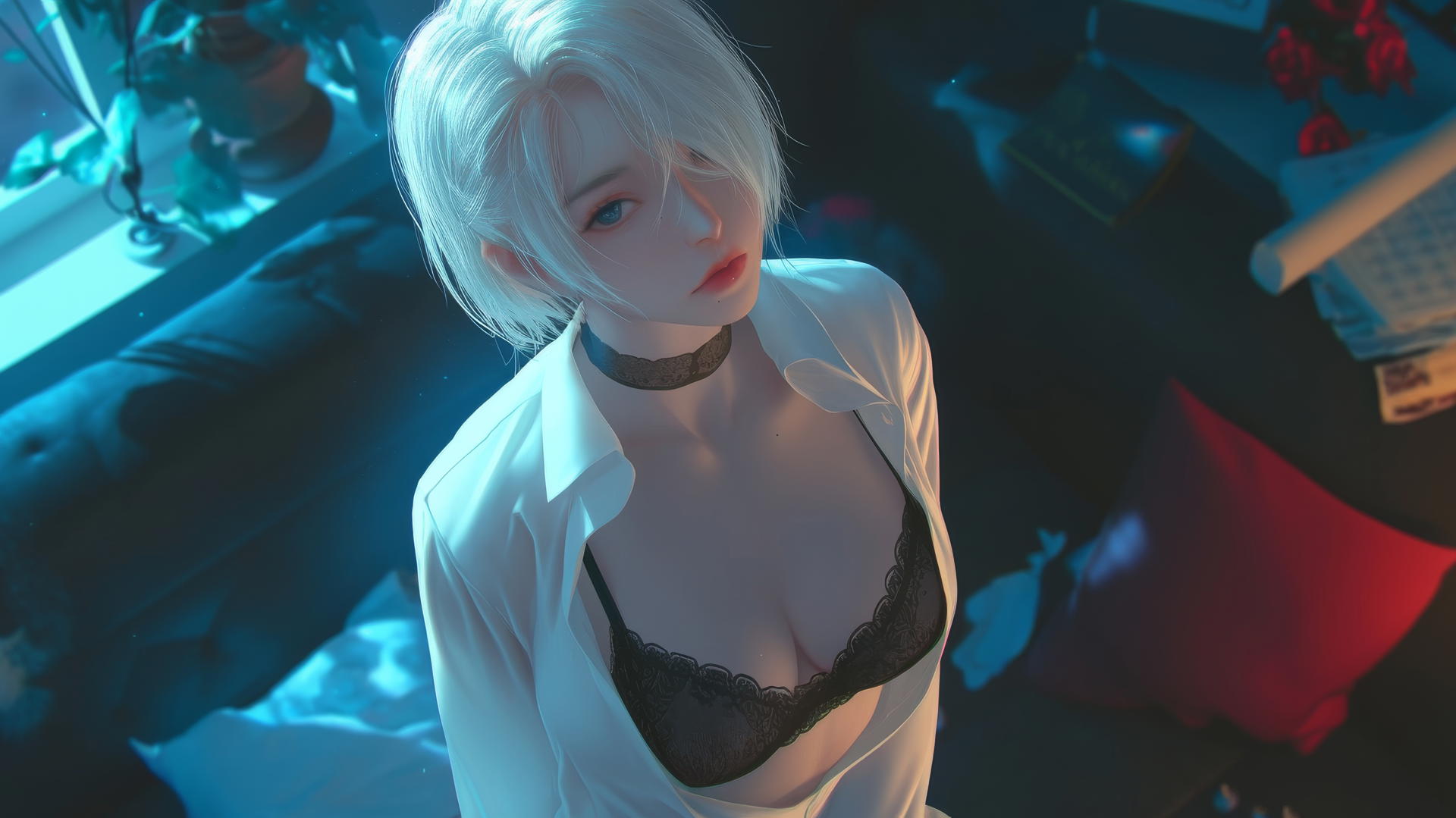 2B from Nier in a white shirt, black blindfold, neon-lit room