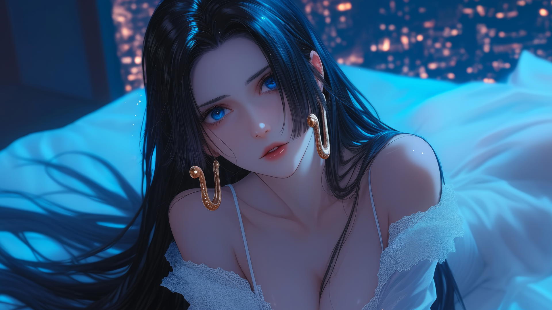 Boa Hancock kneeling, eye mask, neon hotel lighting