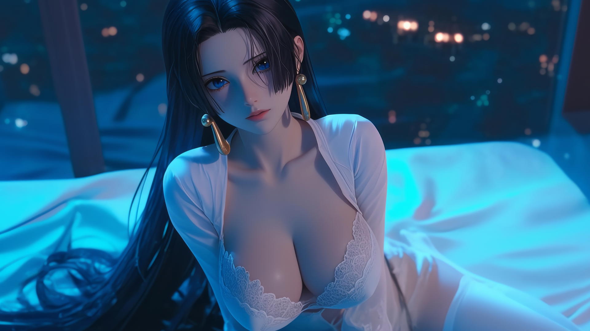 Boa Hancock from One Piece kneeling, wearing an eye mask in a neon-lit hotel room.