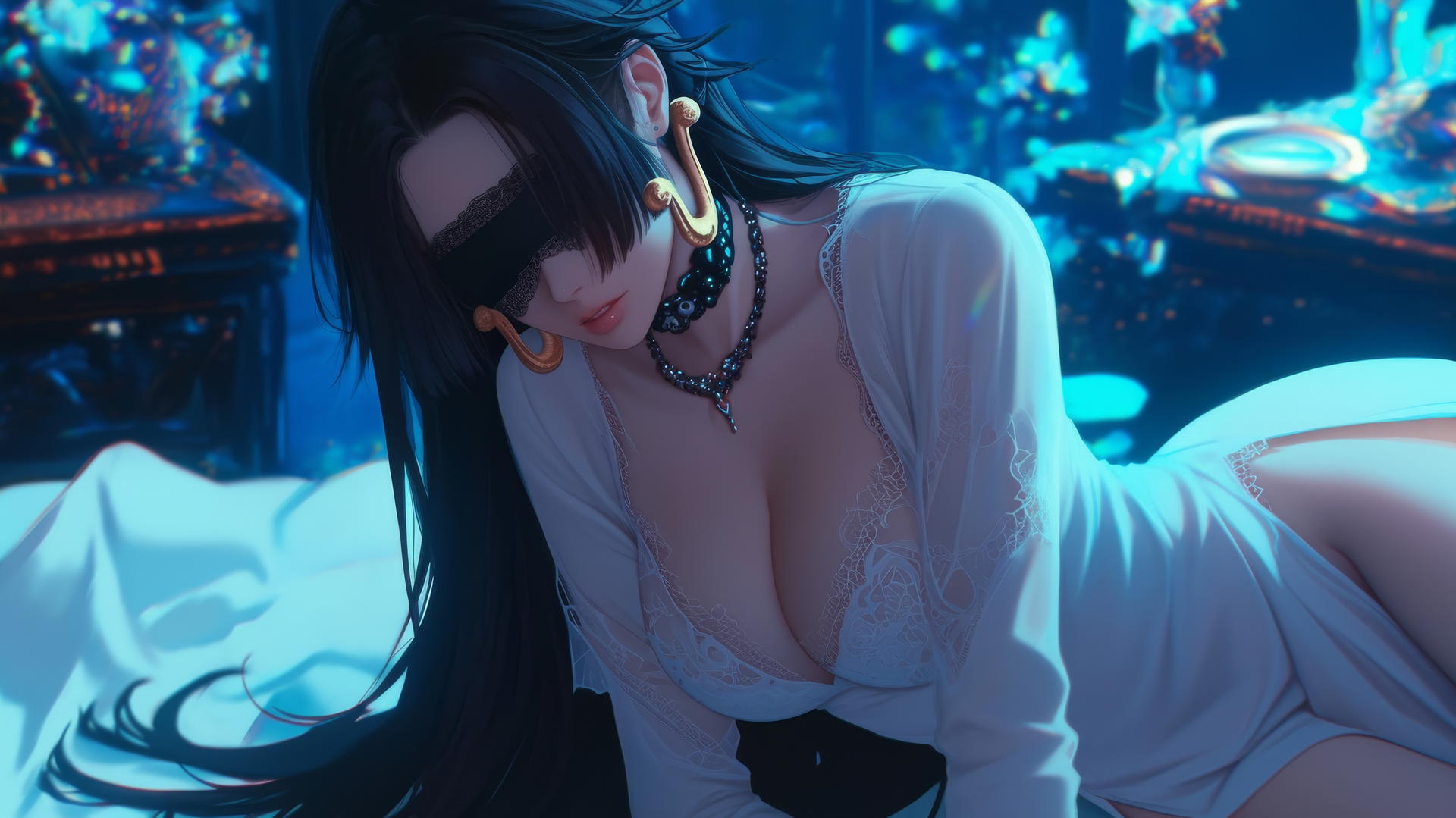 Boa Hancock kneeling in a modern hotel room with neon light, blindfolded and wearing all white.