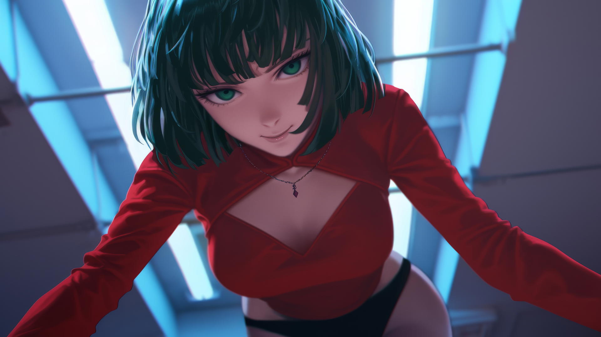 Fubuki from One Punch Man, seen from below, wearing red, kneeling, smiling, with neon-lit hotel ceiling background.