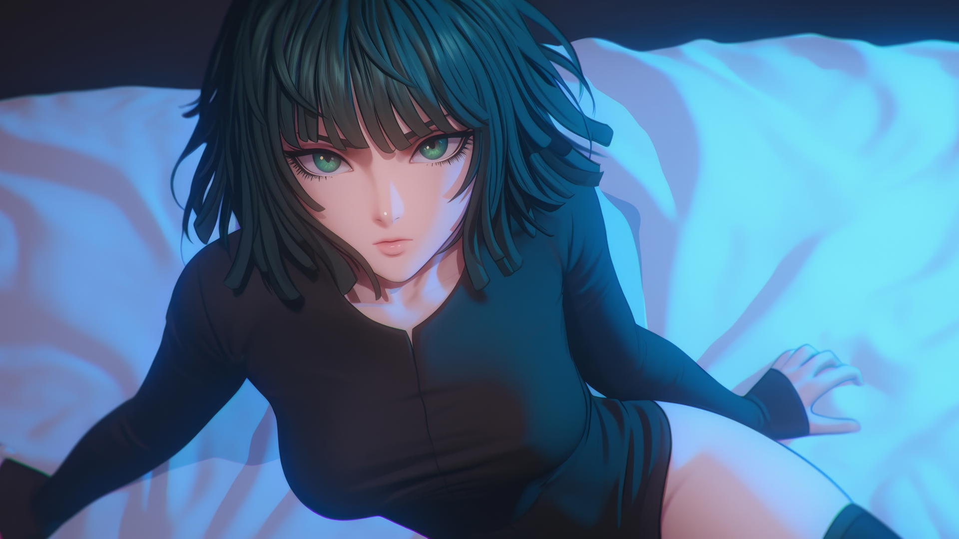Fubuki from One Punch Man kneeling and looking up, neon light glow in modern hotel room