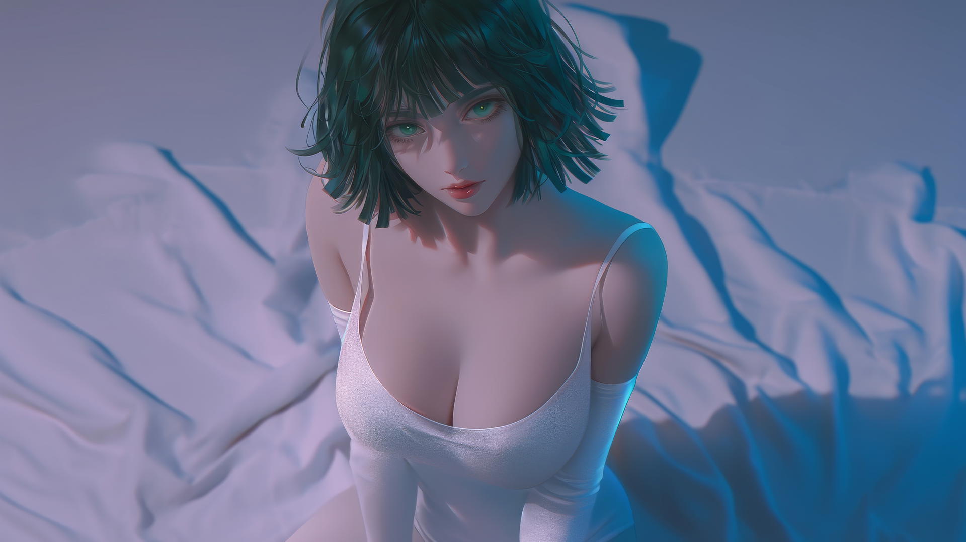 Fubuki from One Punch Man, kneeling in a neon-lit modern hotel room