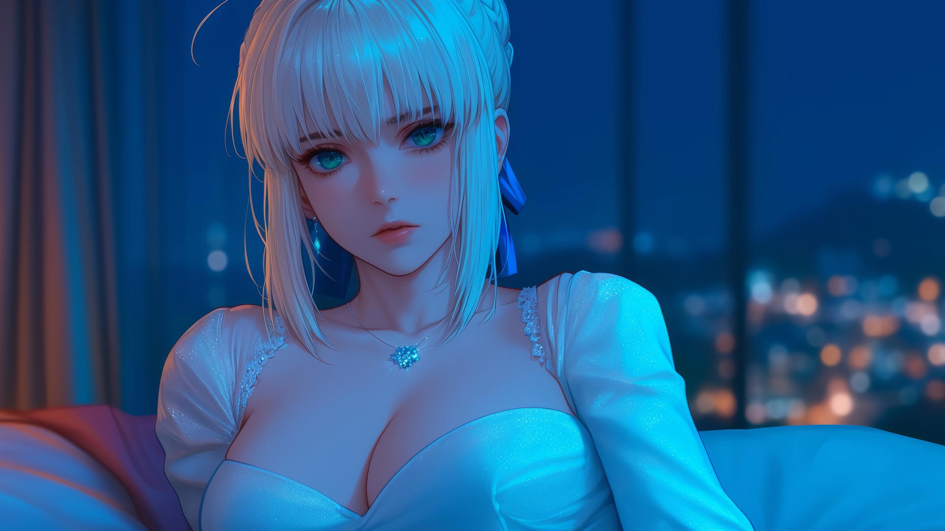 Saber from Fate Zero with green eyes, sitting in a modern hotel room, illuminated by moonlight.