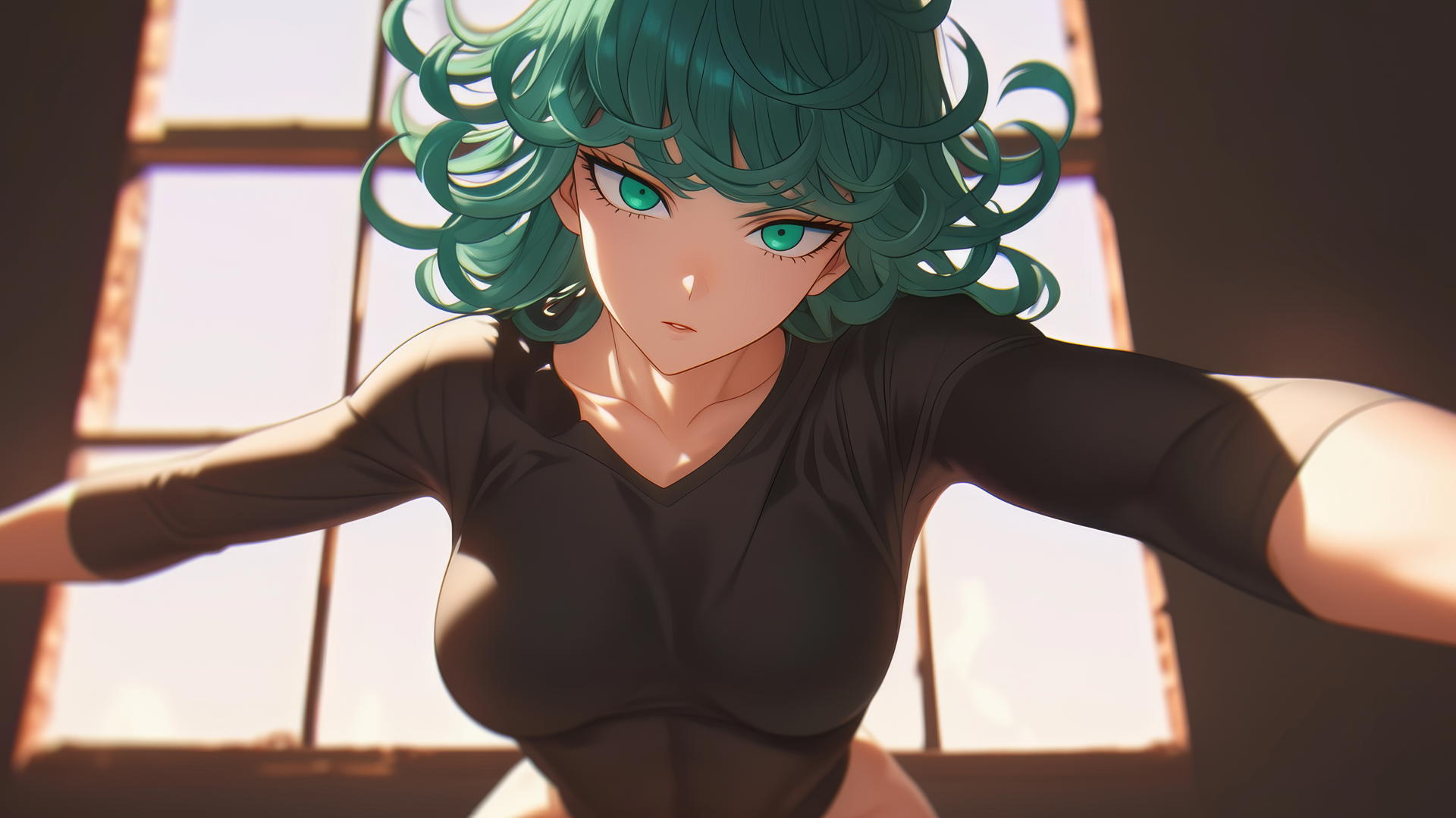Tatsumaki kneeling and leaning forward, with green eyes and hair, in warm light.
