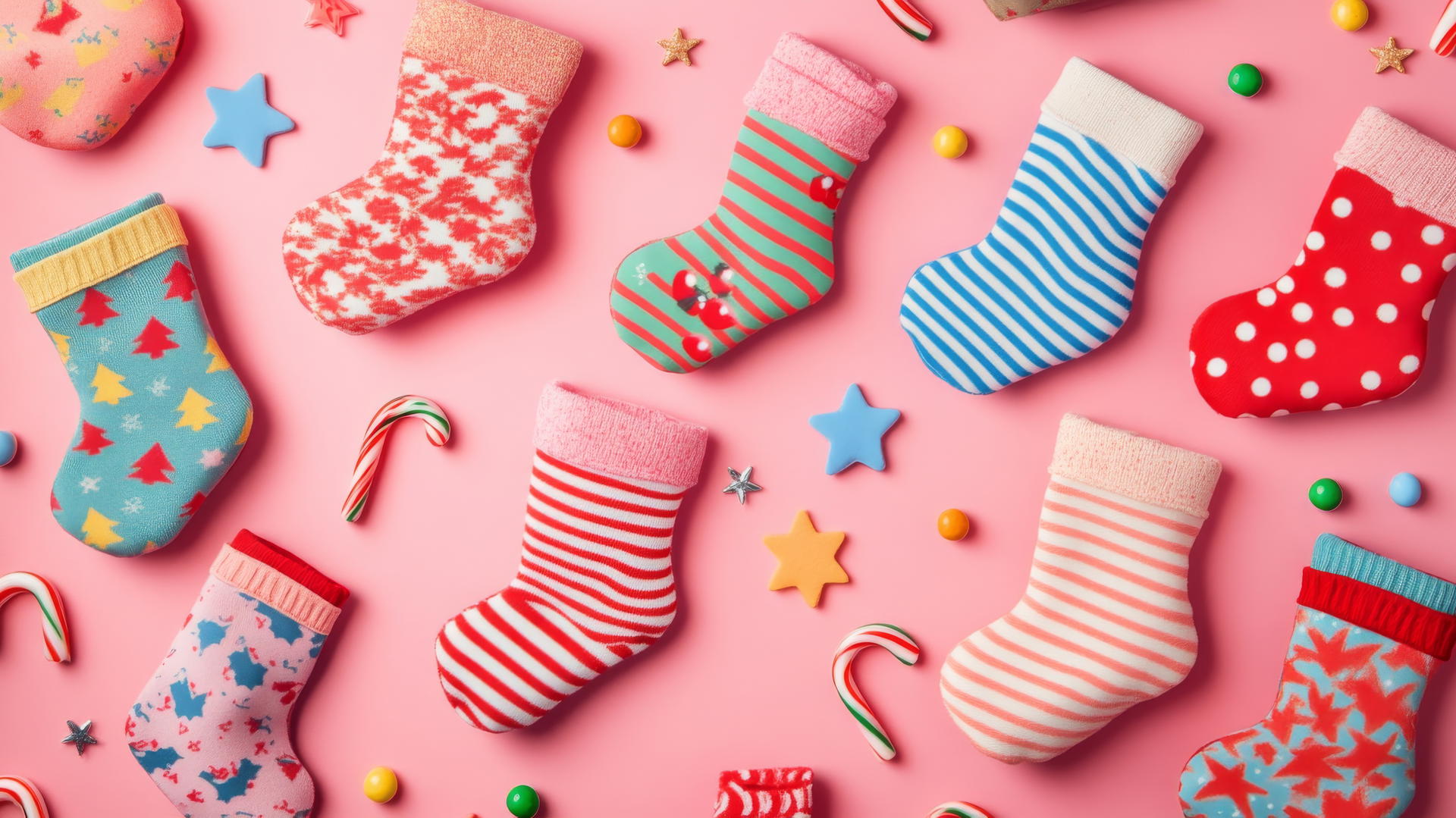 preppy wallpaper Christmas with colorful stockings, candy canes, and stars on a pastel pink background