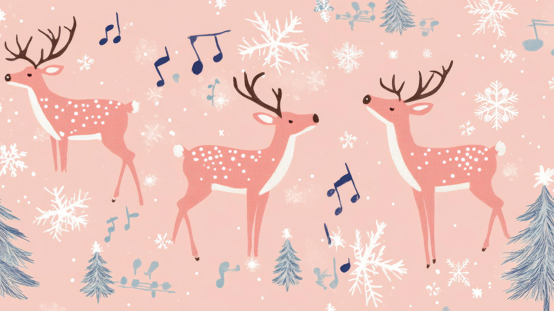aesthetic preppy Christmas wallpaper with musical notes, snowflakes, reindeer, and festive melodies on pastel pink background