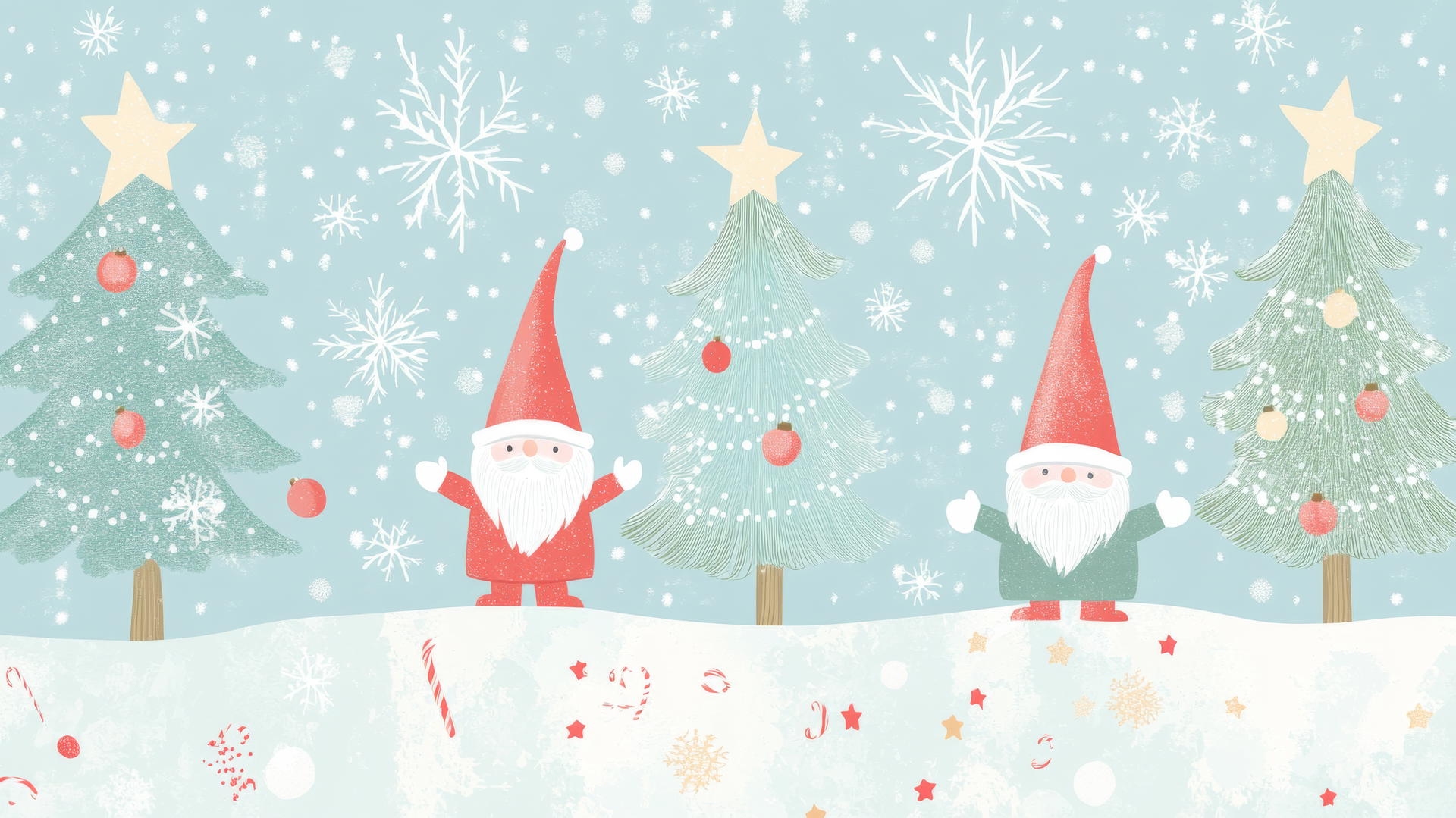 cute Christmas wallpaper preppy with gnomes, snow-covered trees, and twinkling stars