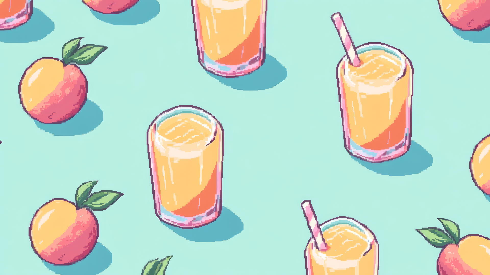 8-bit pixel art of orange and pink peach juice with glass outlines, fun preppy wallpaper