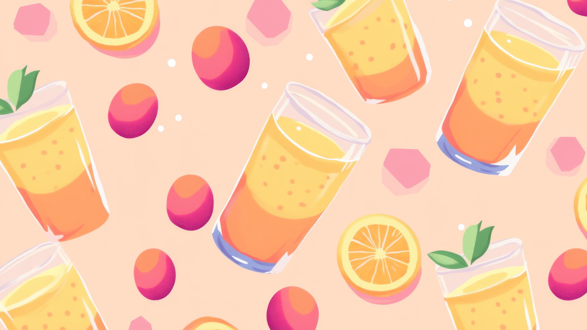 preppy wallpaper of 8-bit pixel art pattern with orange and pink peach juice in glass outlines