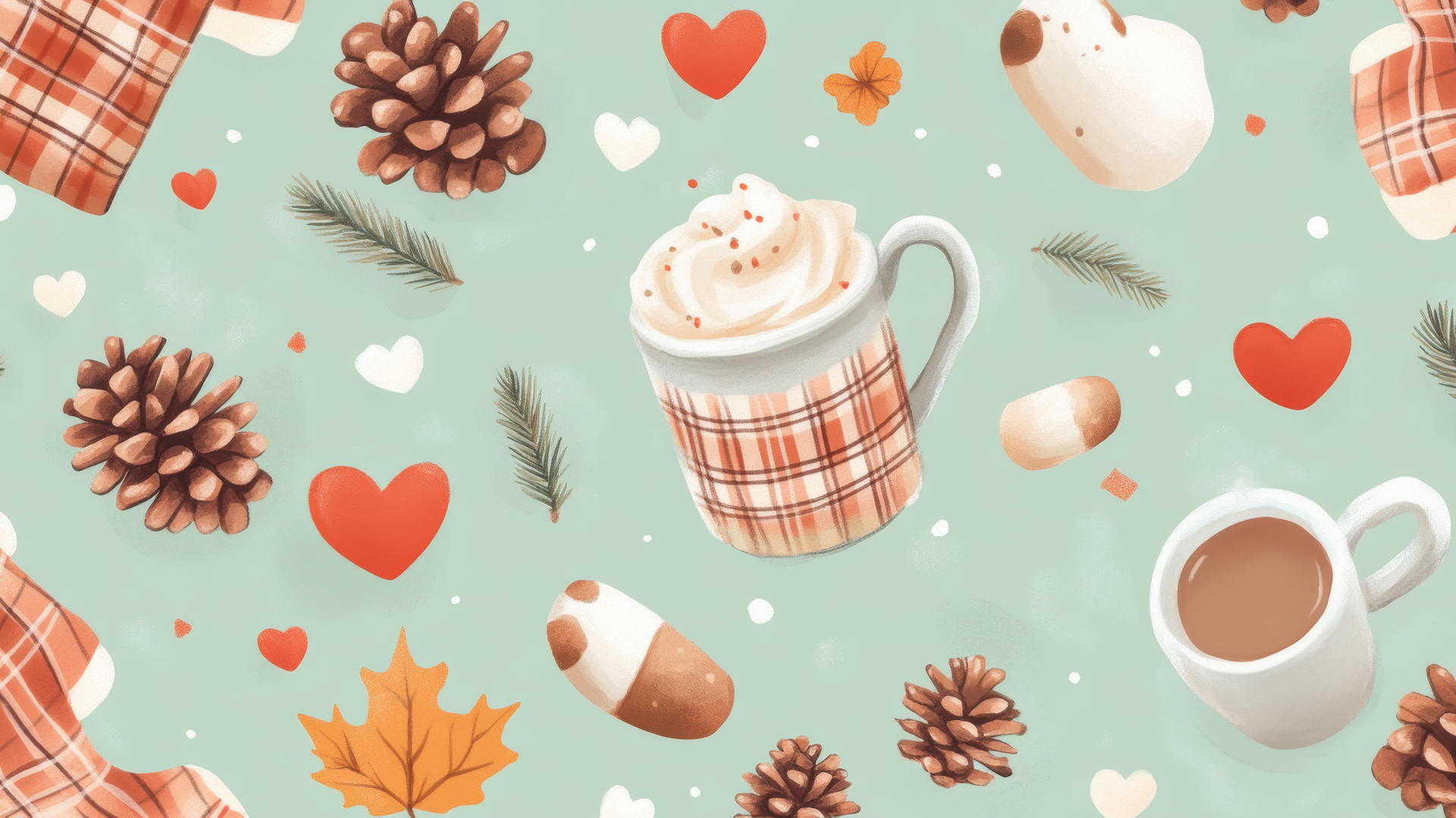 preppy fall wallpaper with pinecones, plaid blankets, hot cocoa mugs on pastel green