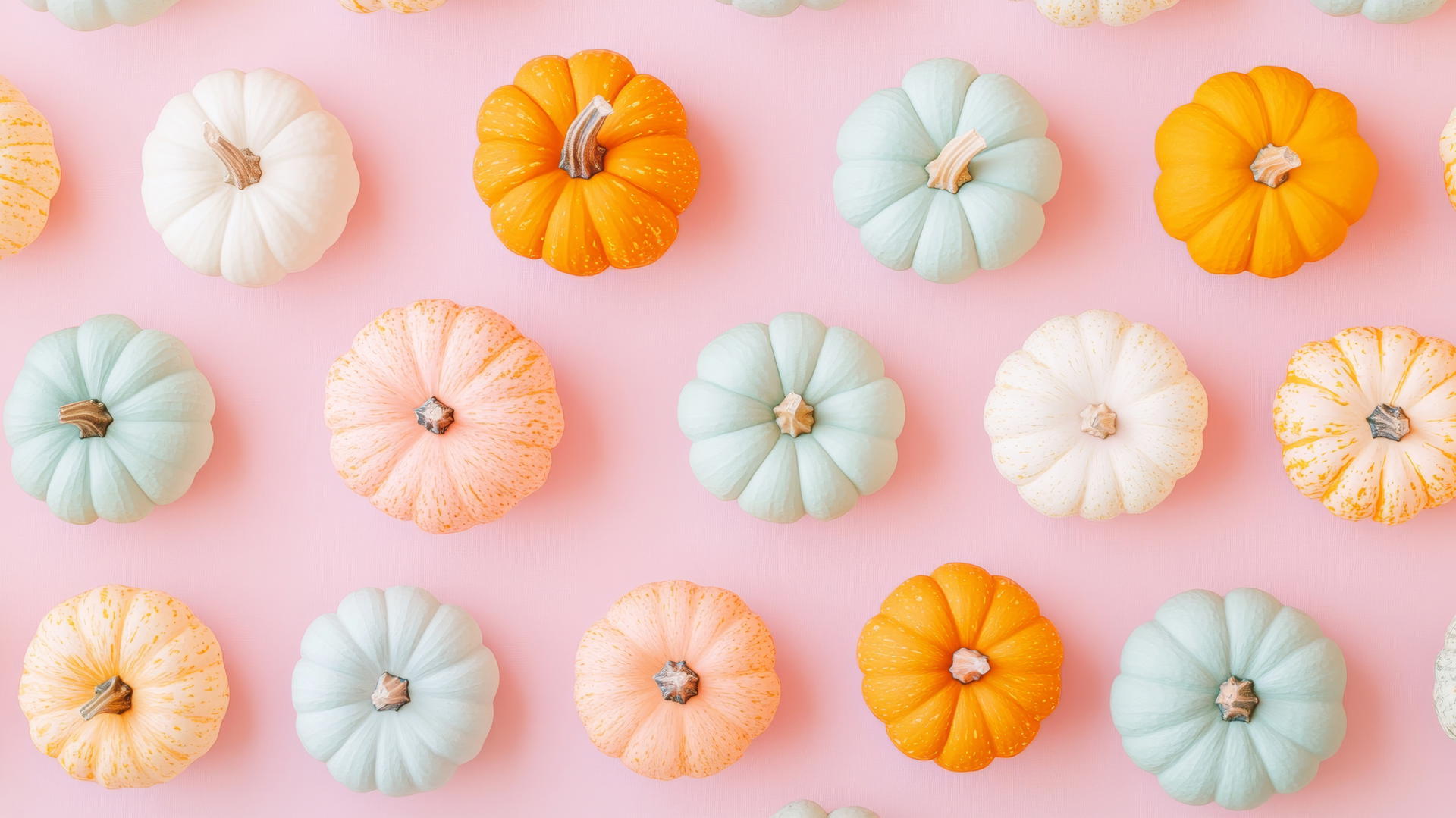 preppy fall wallpaper with pastel pumpkins and gourds on light pink background