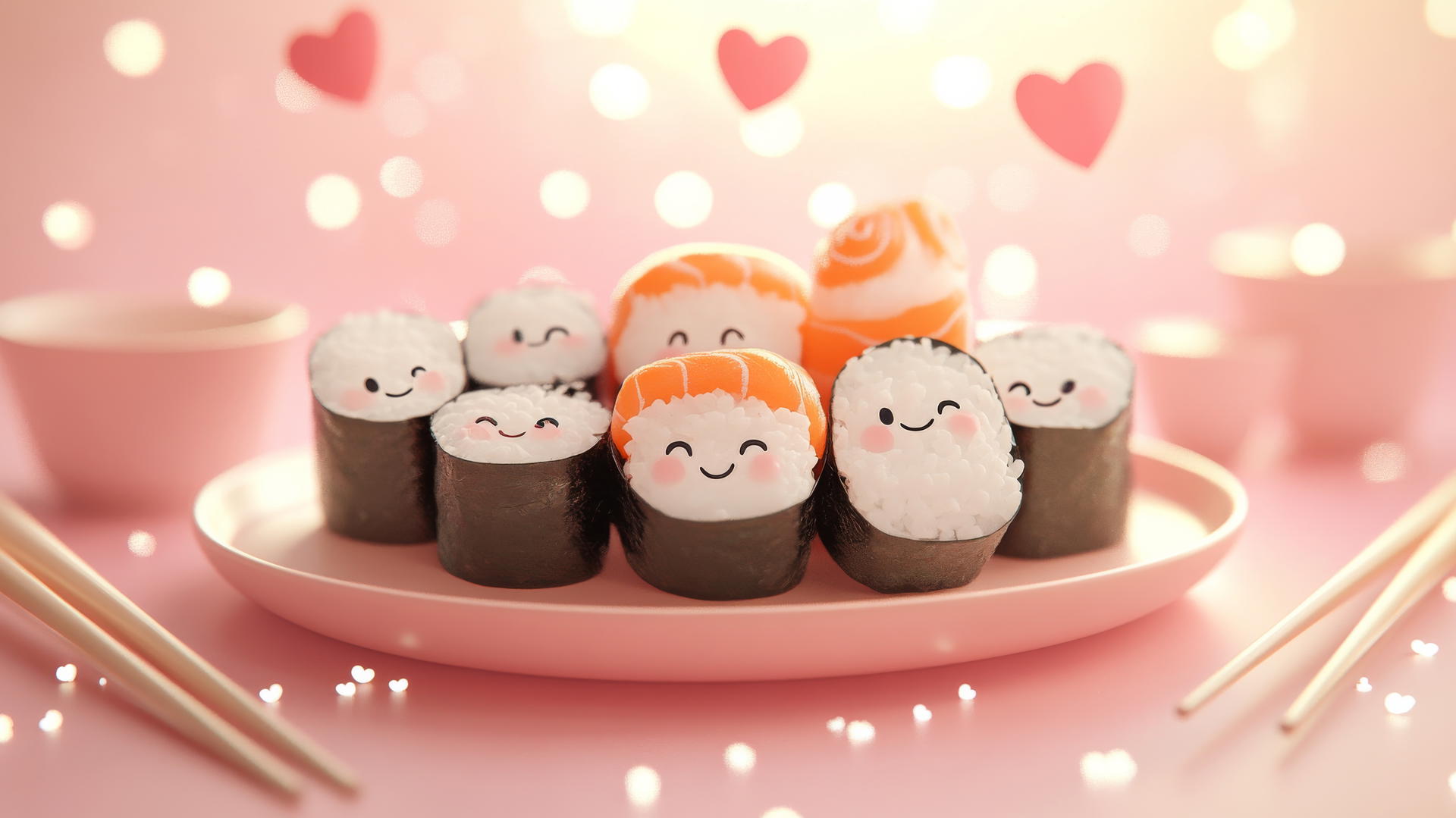 Wallpapers cute kawaii-style sushi platter with smiling sushi on pink background
