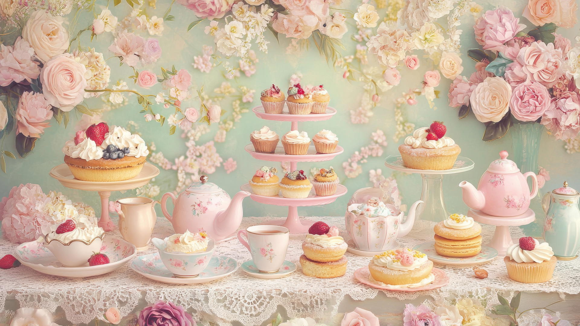 popular cute wallpapers for girls showing a pastel tea party scene with tiny teapots, cups, and pastries on a lace-covered table.