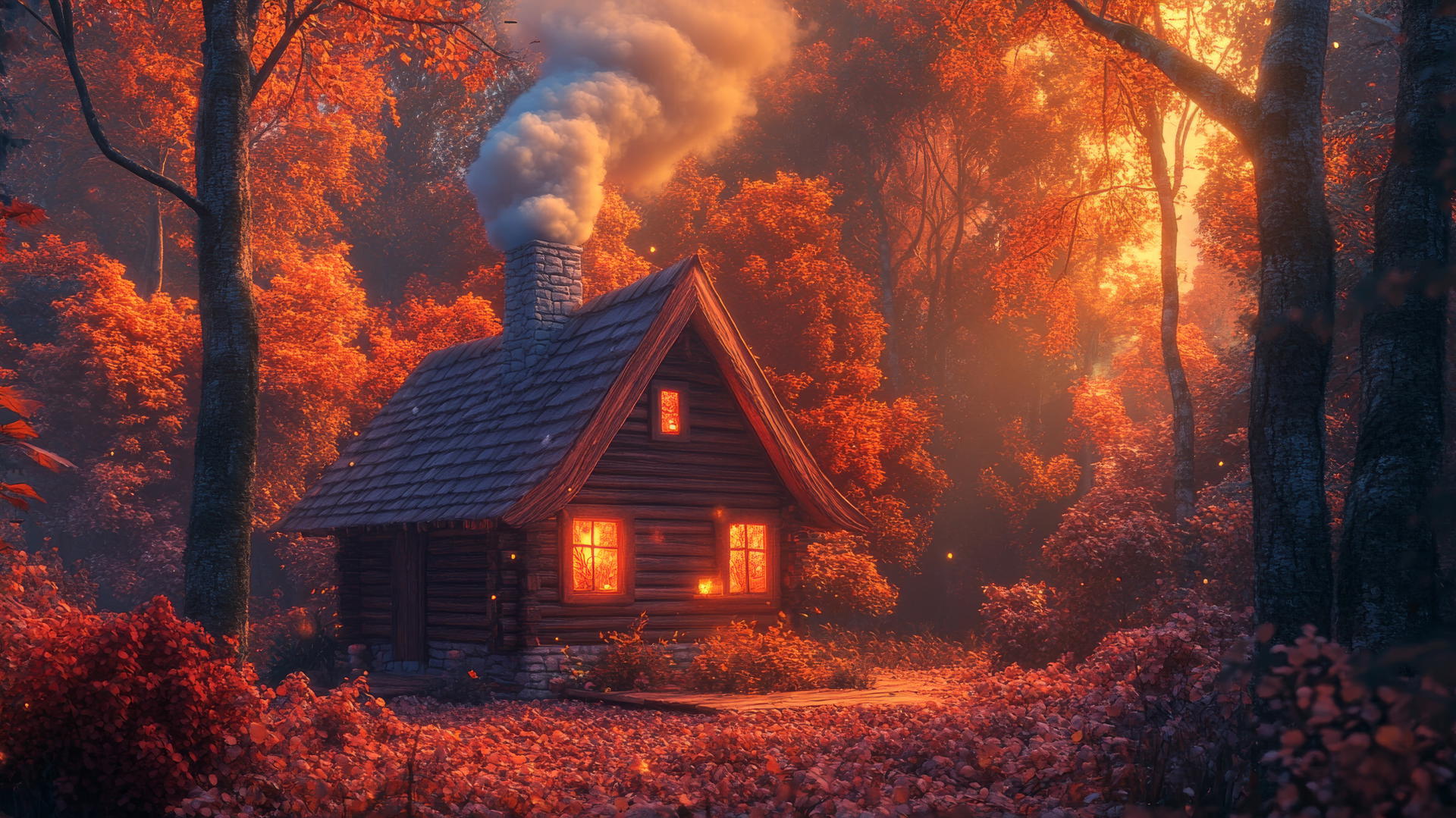 Cute fall aesthetic wallpaper of a woodland cabin amidst fall foliage