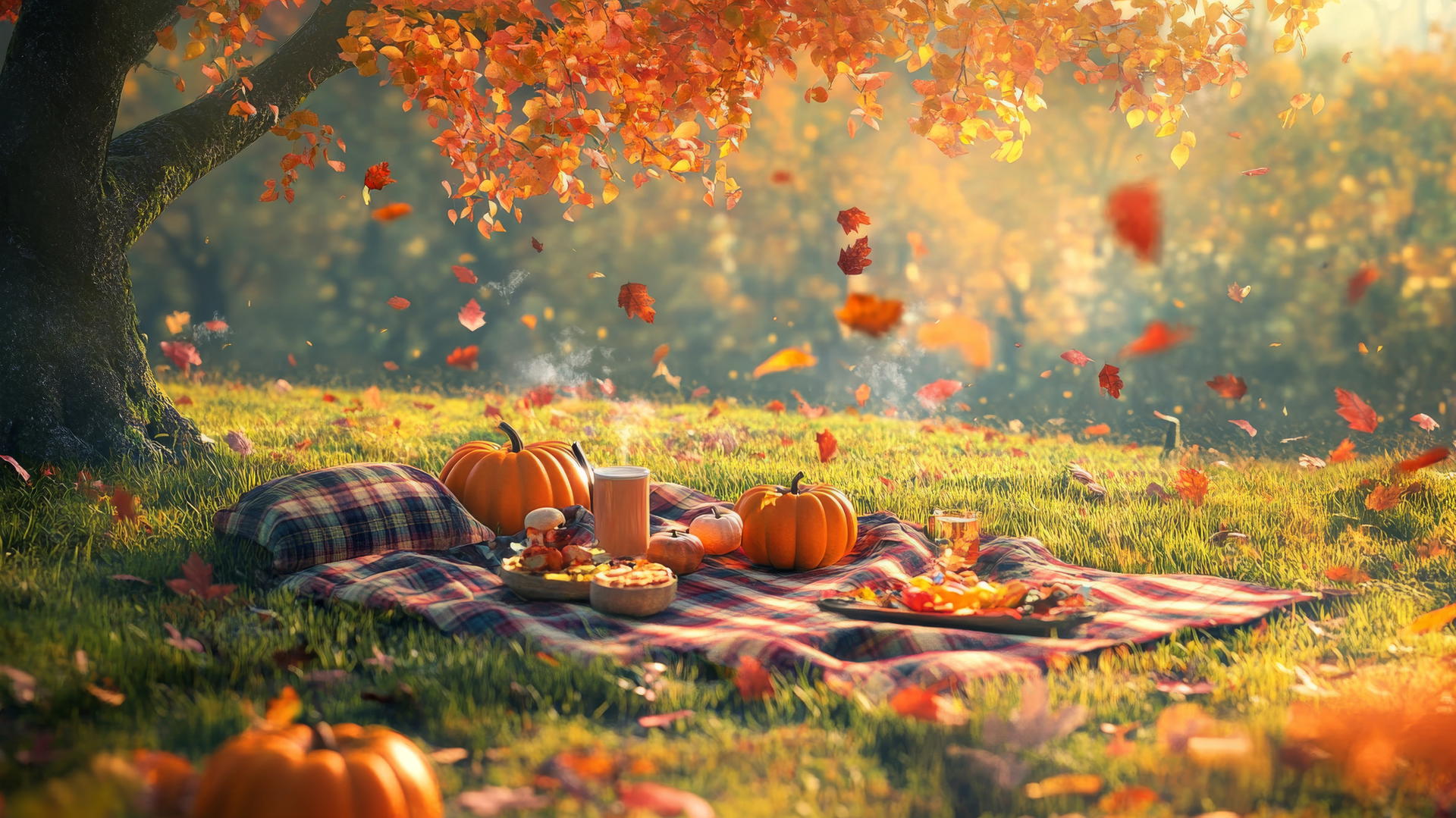 Cute fall aesthetic wallpapers with a cozy picnic scene, plaid blankets, pumpkins, and warm drinks.