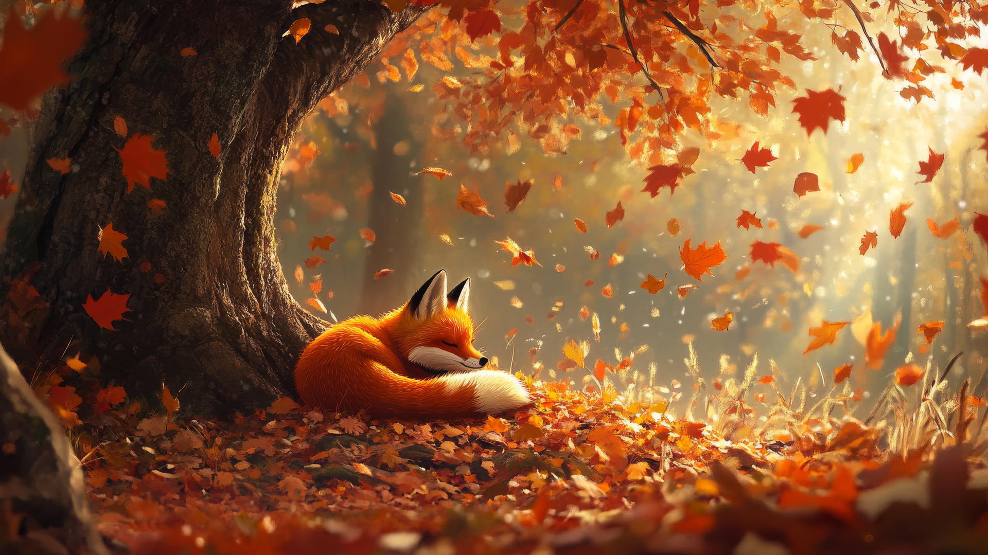 Cute fall aesthetic wallpapers featuring a fox under a tree with falling leaves.