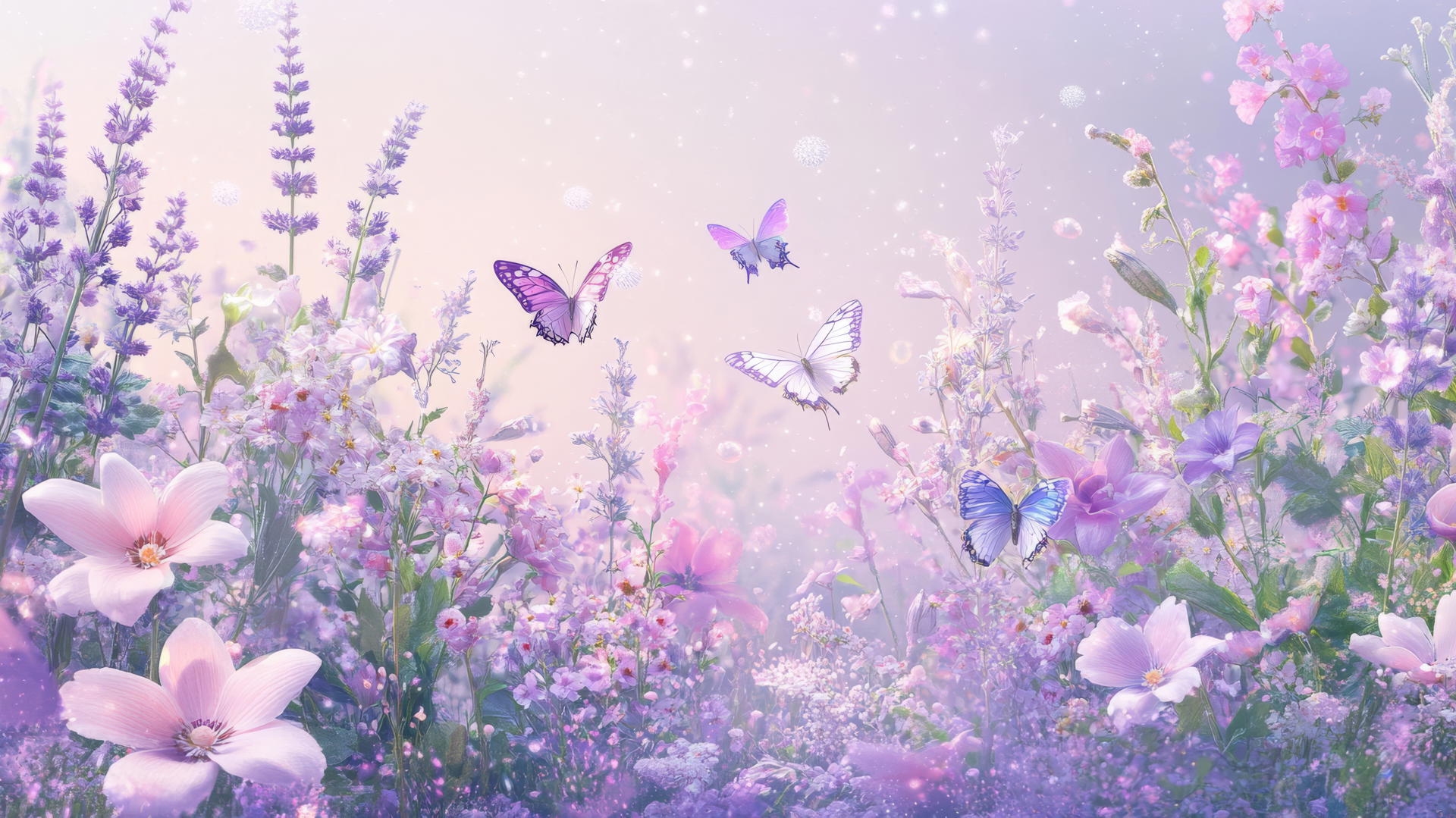 whimsical garden with pastel flowers, butterflies, cute fairies, soft lavender background, cute wallpapers for girls aesthetic