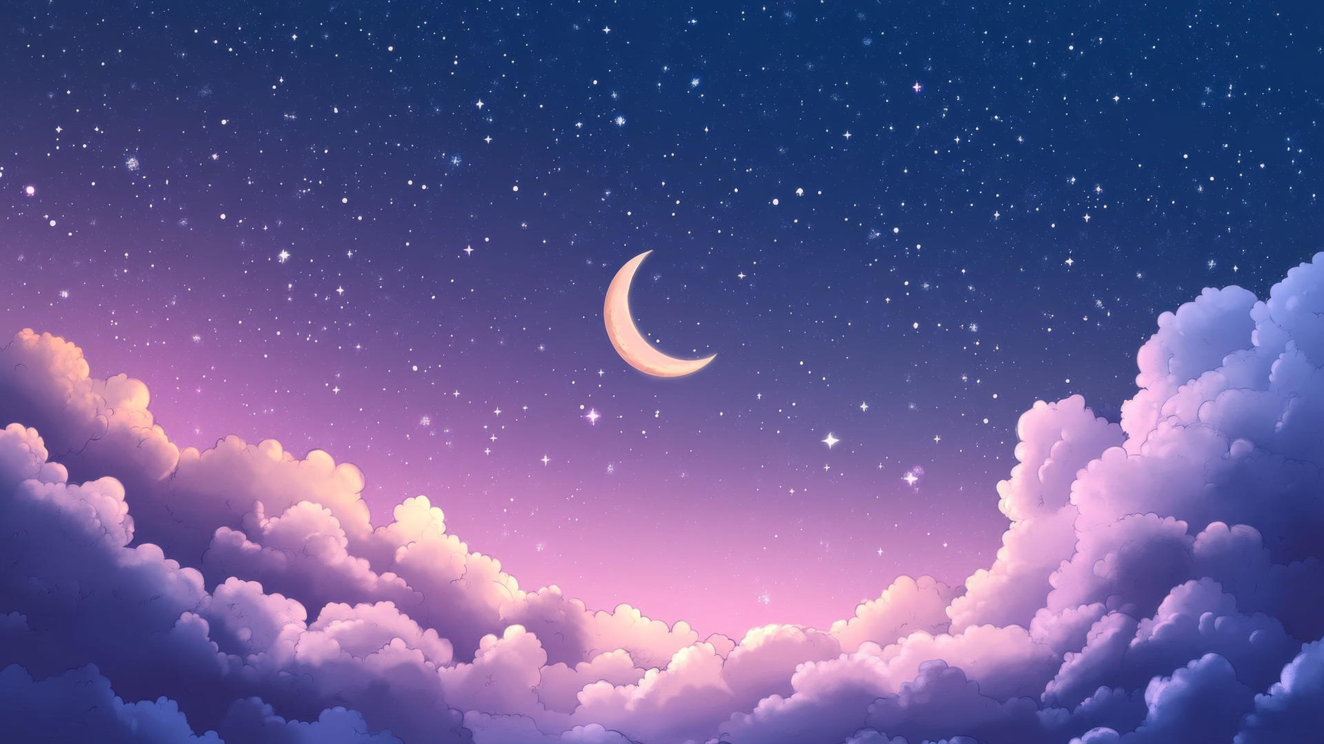 cute wallpapers aesthetic, dreamy night sky with cartoon clouds, crescent moon, stars