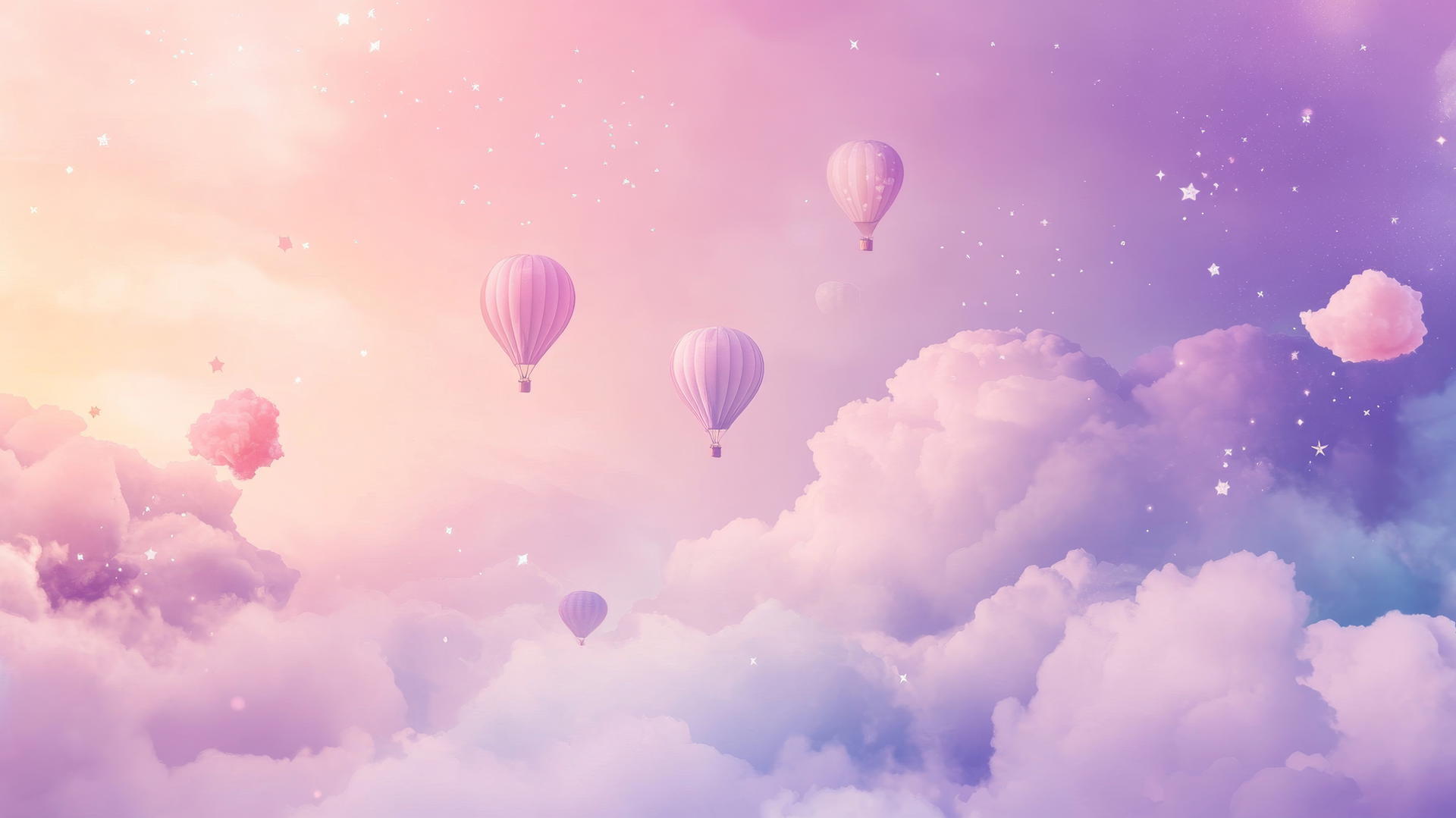 Digital wallpaper of pastel dreamy cloudscape with tiny hot air balloons and stars. Cute aesthetic wallpapers.