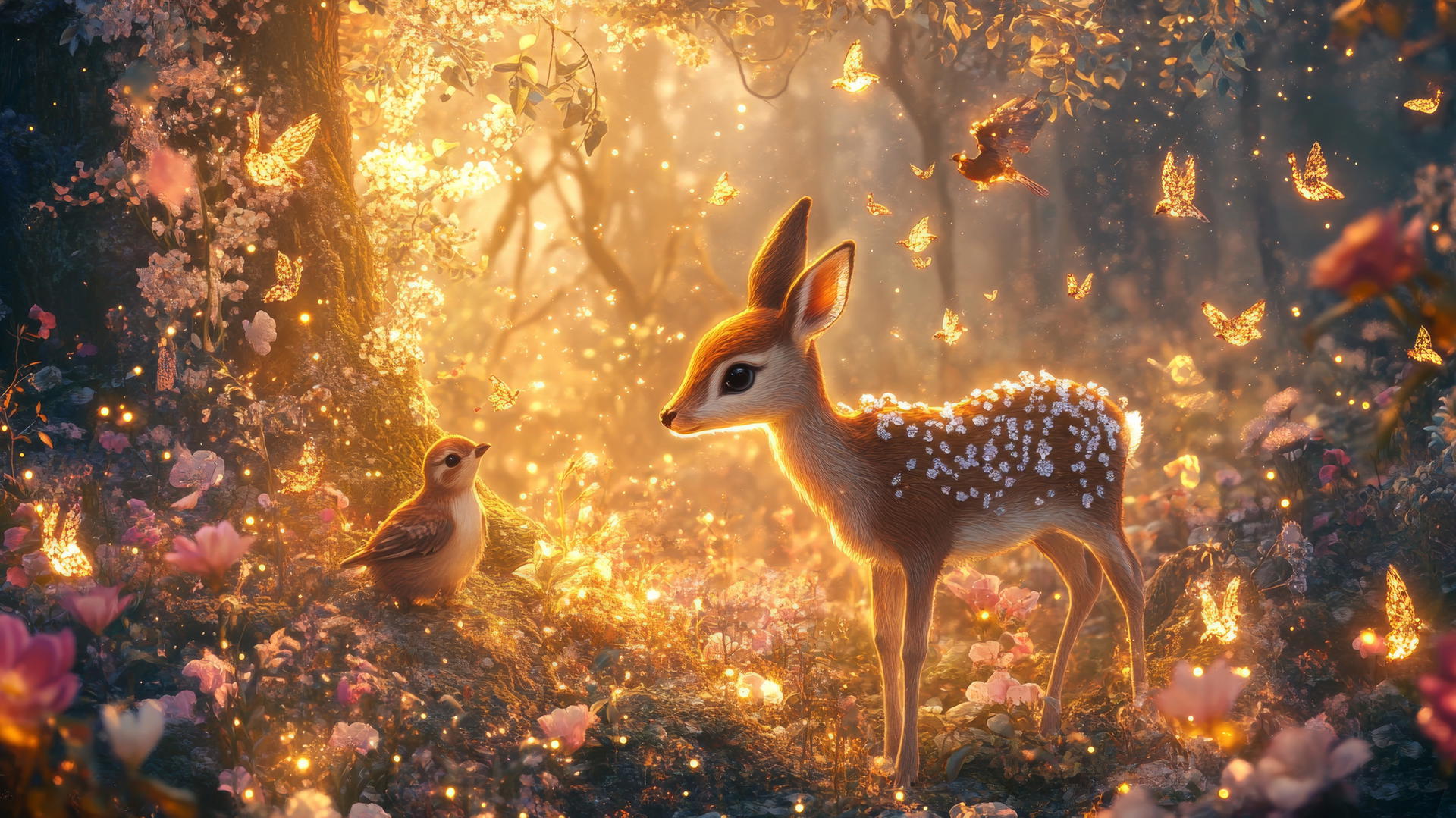 cute wallpapers for girls, enchanted forest with deer, birds, and bunnies