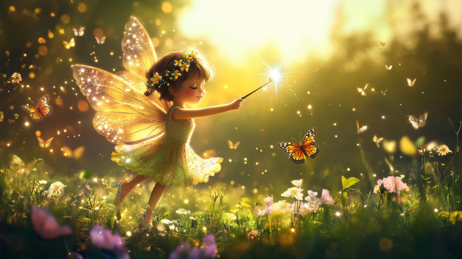 Cute cartoon fairy with glittering wings, field of flowers, butterflies and stars, cute wallpapers for girls