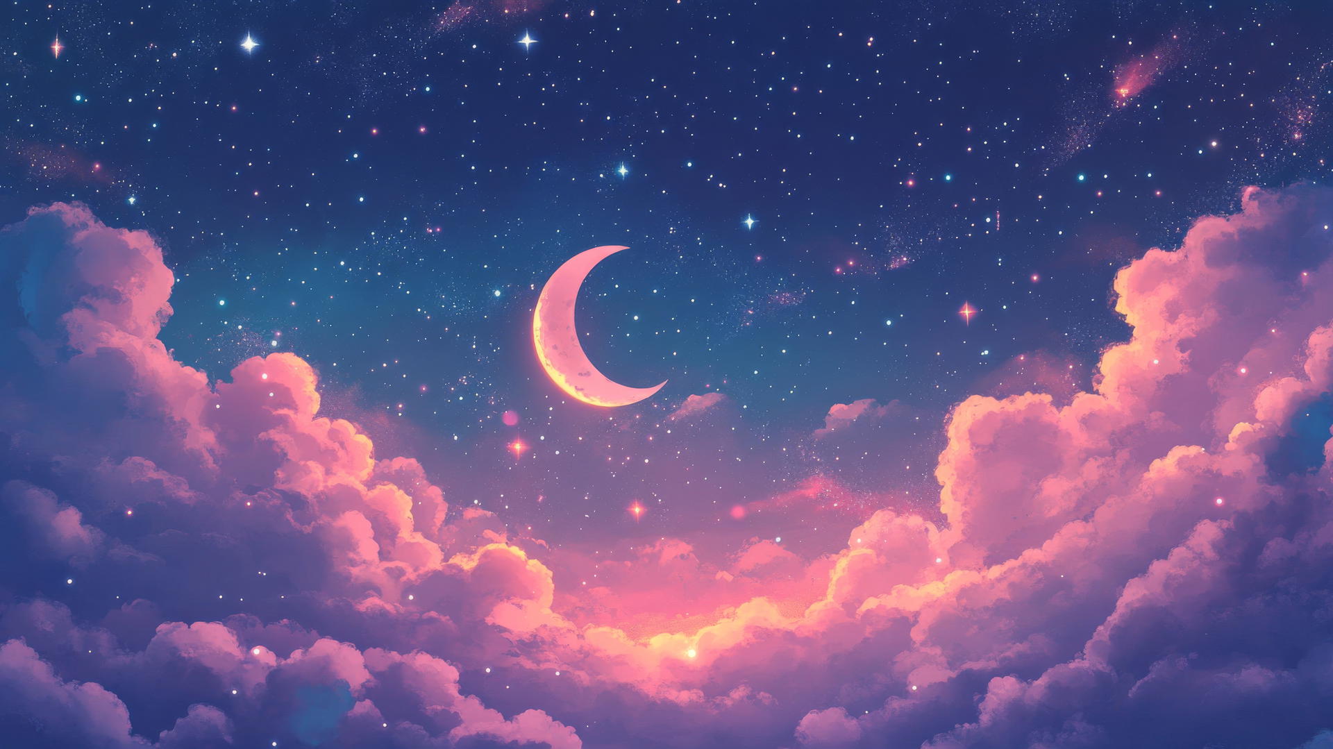 Cute wallpapers: night sky with twinkling stars, crescent moon, sleeping clouds.