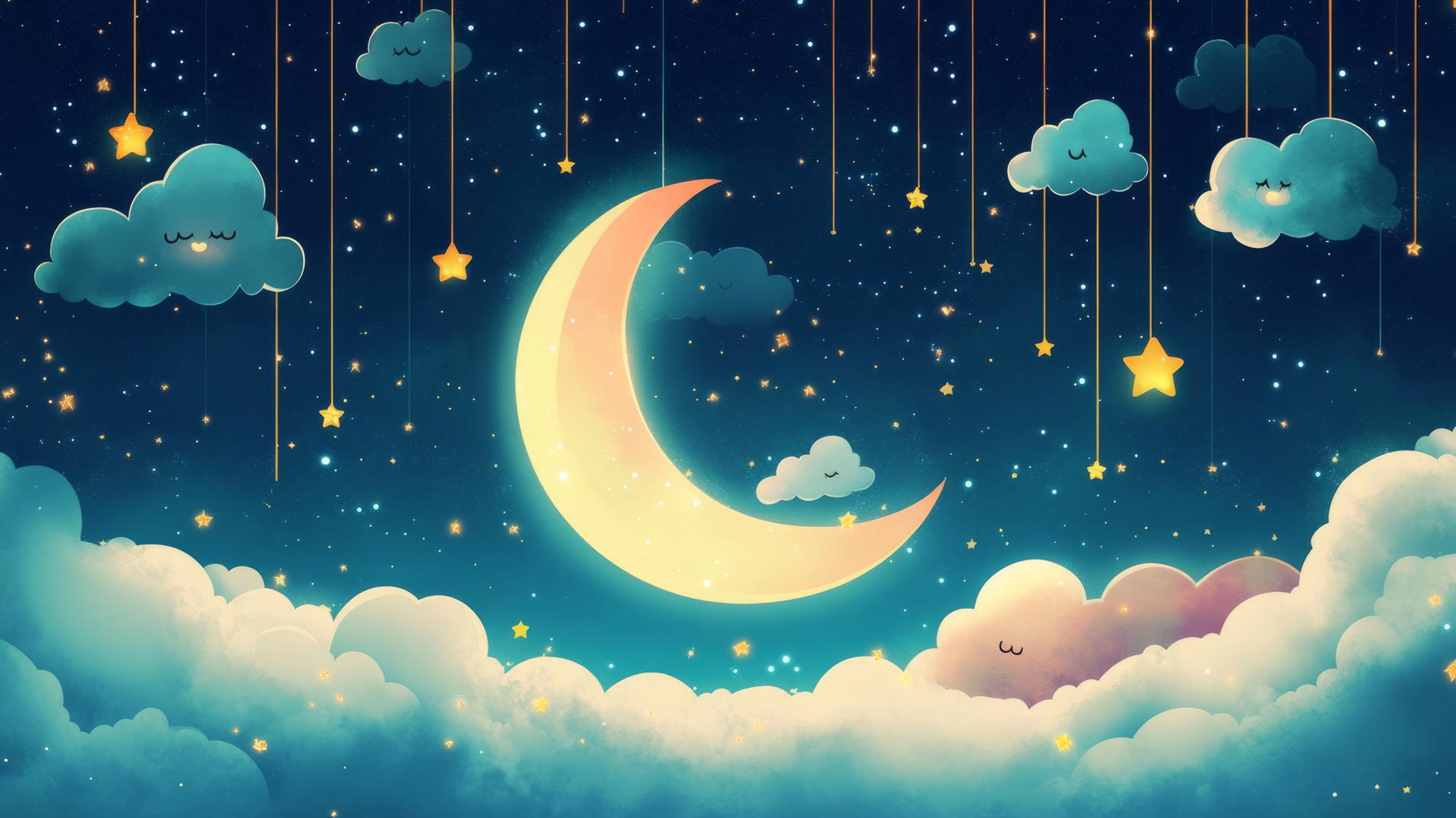 cute wallpapers of night sky with stars, crescent moon, and sleeping clouds