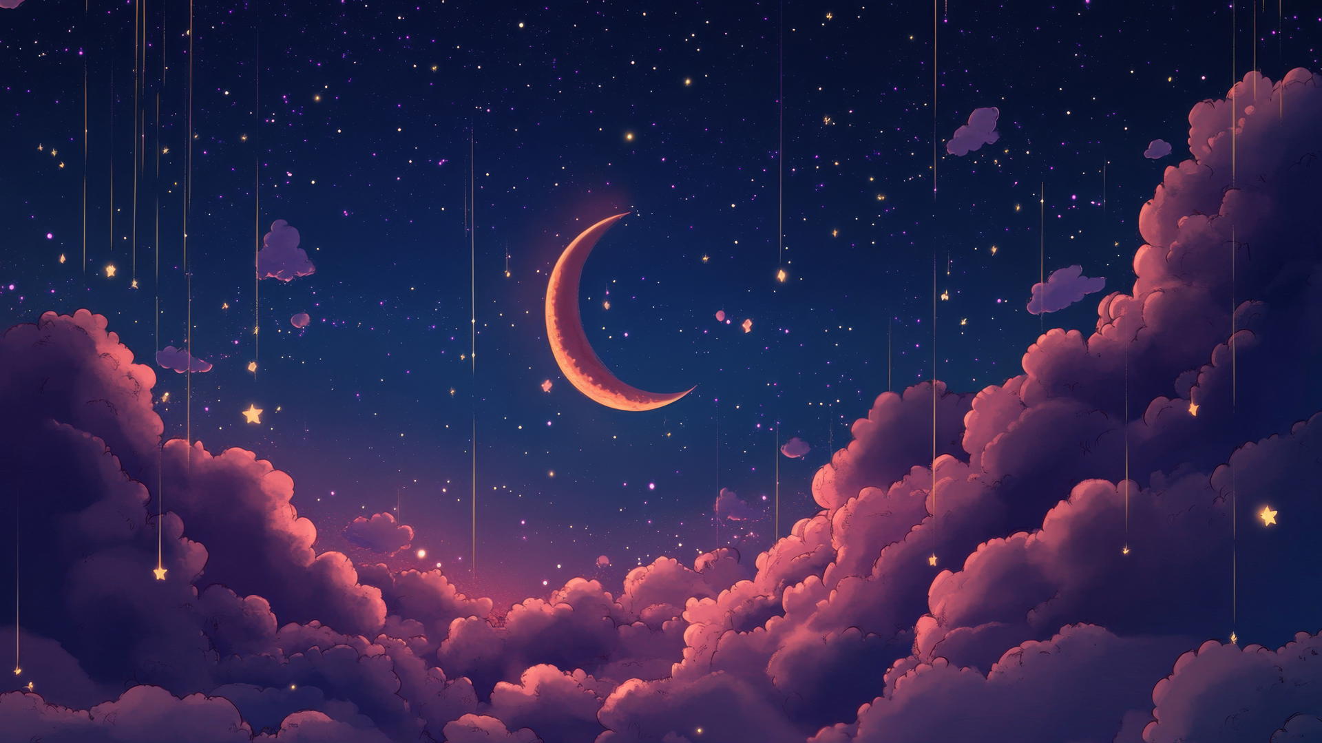 cute wallpapers of a night sky with twinkling stars, crescent moon, and sleeping clouds