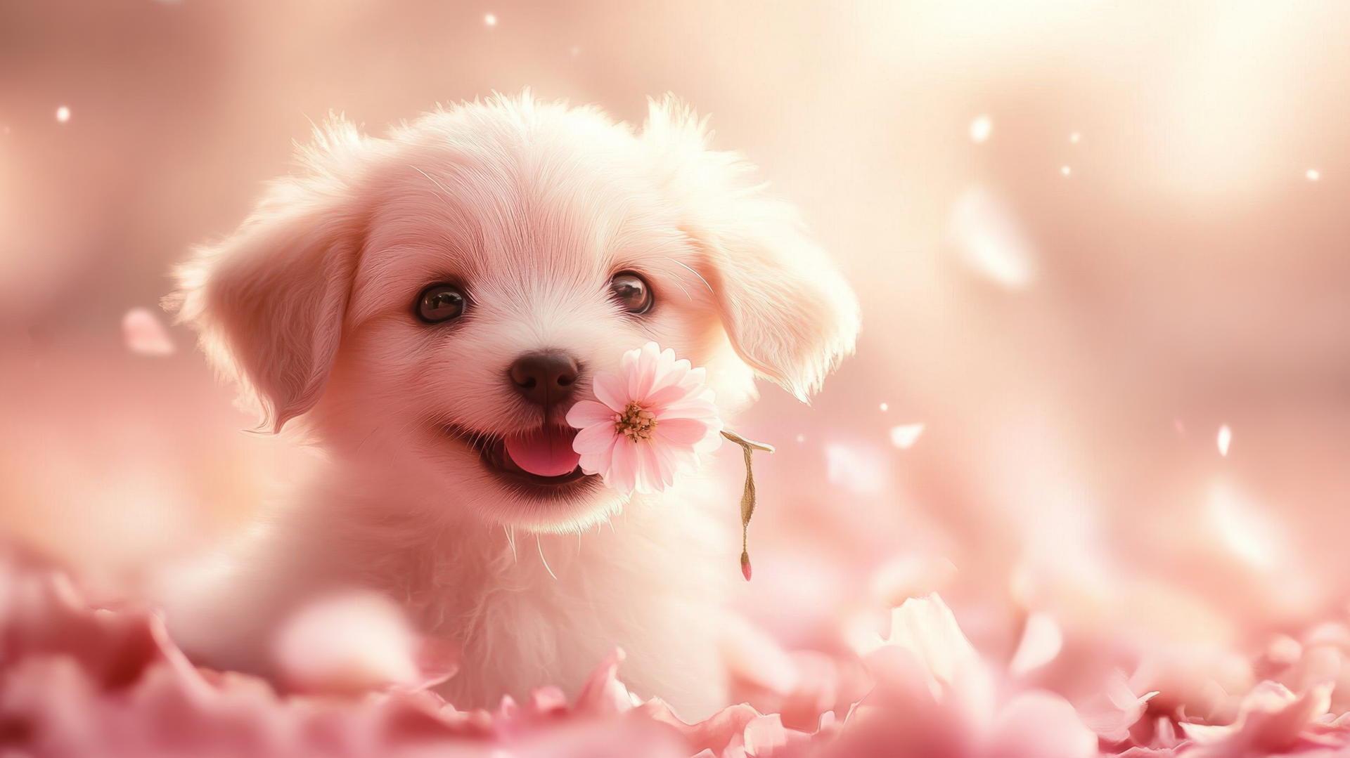 pink cute puppy wallpaper with puppy holding a flower, surrounded by petals