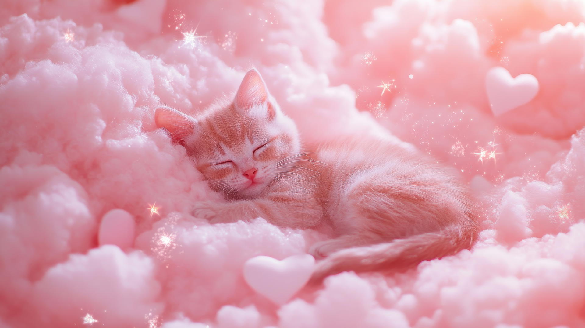 pink wallpaper cute with kitten on fluffy cloud, stars, and hearts