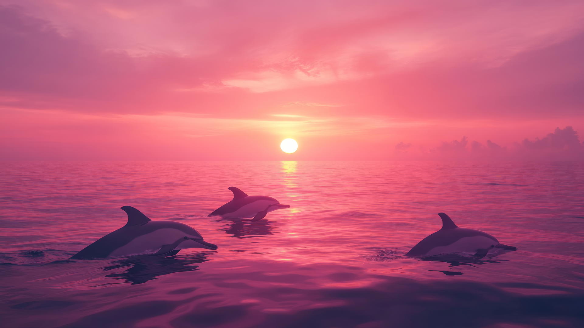 cute pink wallpaper with dreamy sunset and dolphin silhouettes