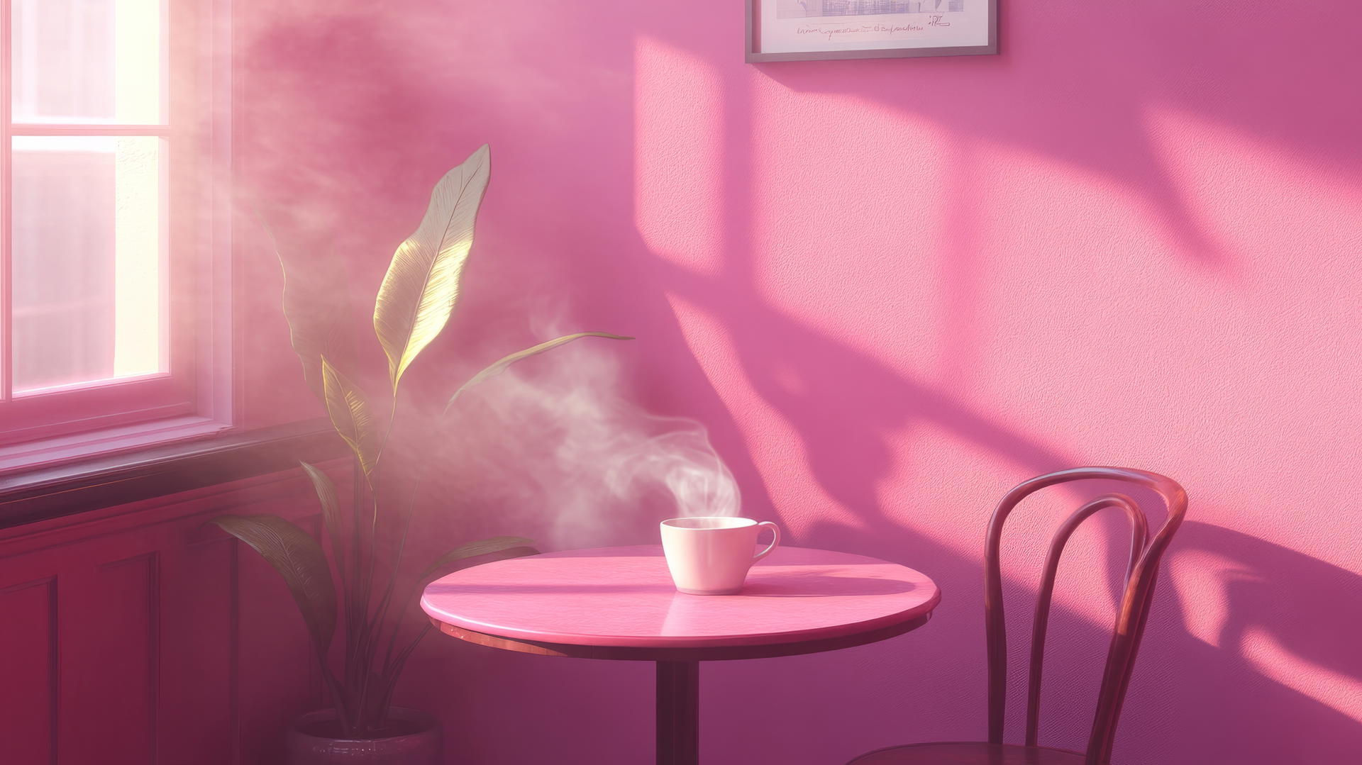 cozy café scene with pink walls, table, and steaming coffee, pink wallpaper aesthetic