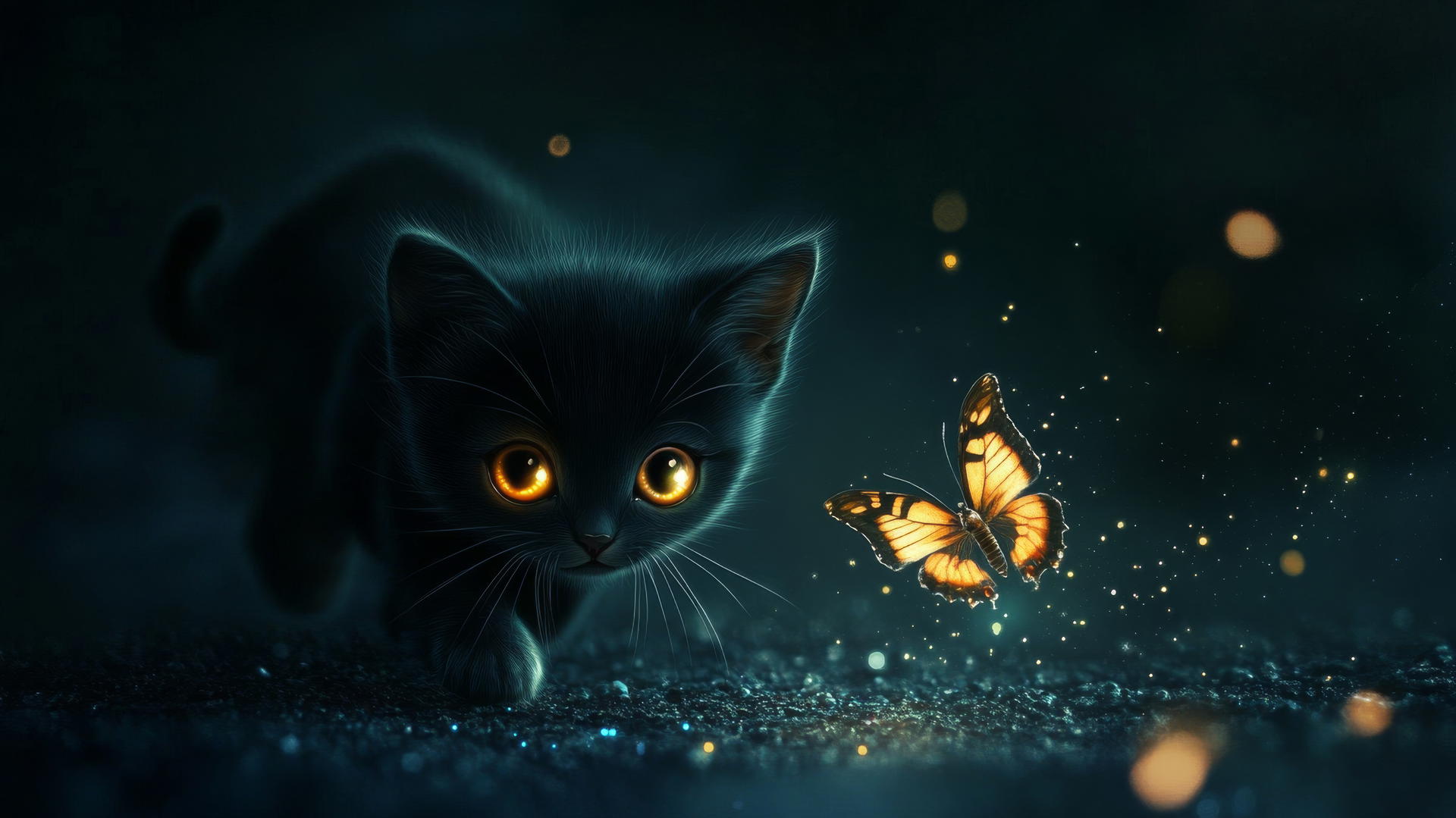 black cute wallpaper with a tiny kitten chasing a butterfly on a dark sparkly background