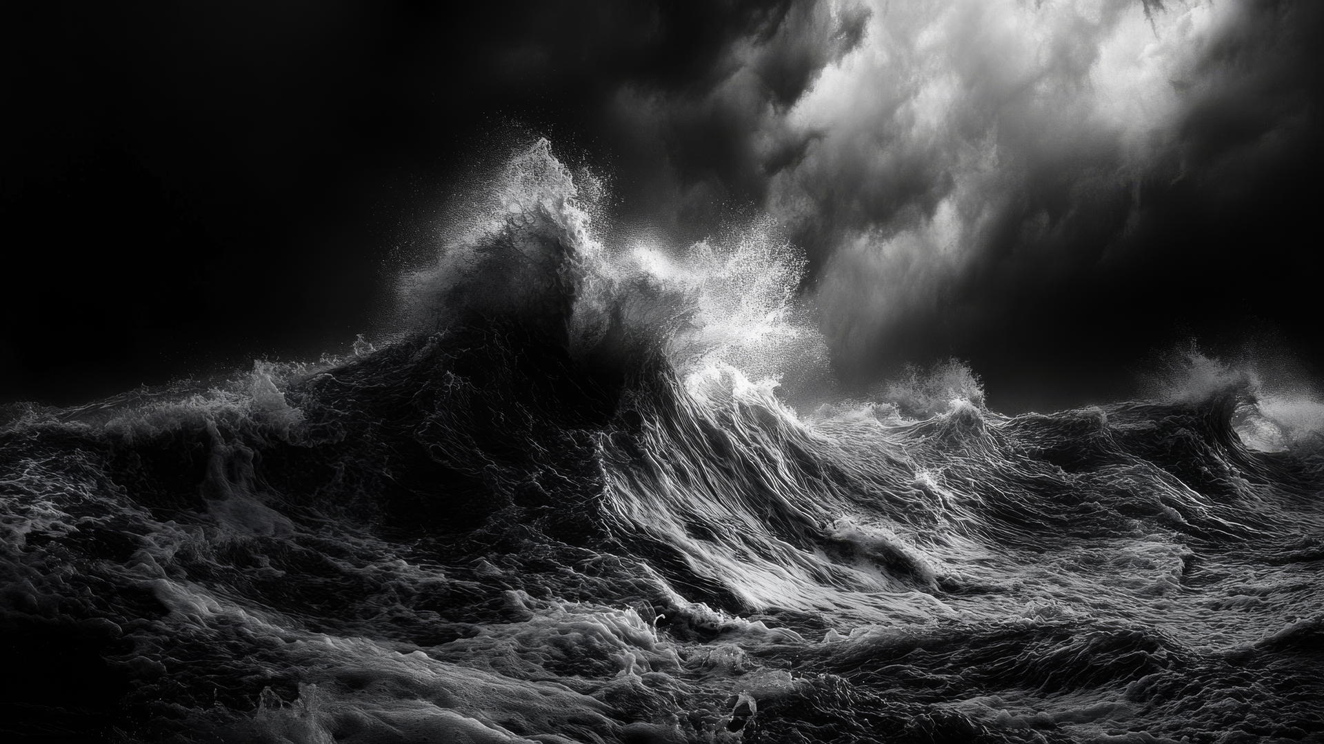 black and white wallpaper of waves crashing against a rocky shoreline