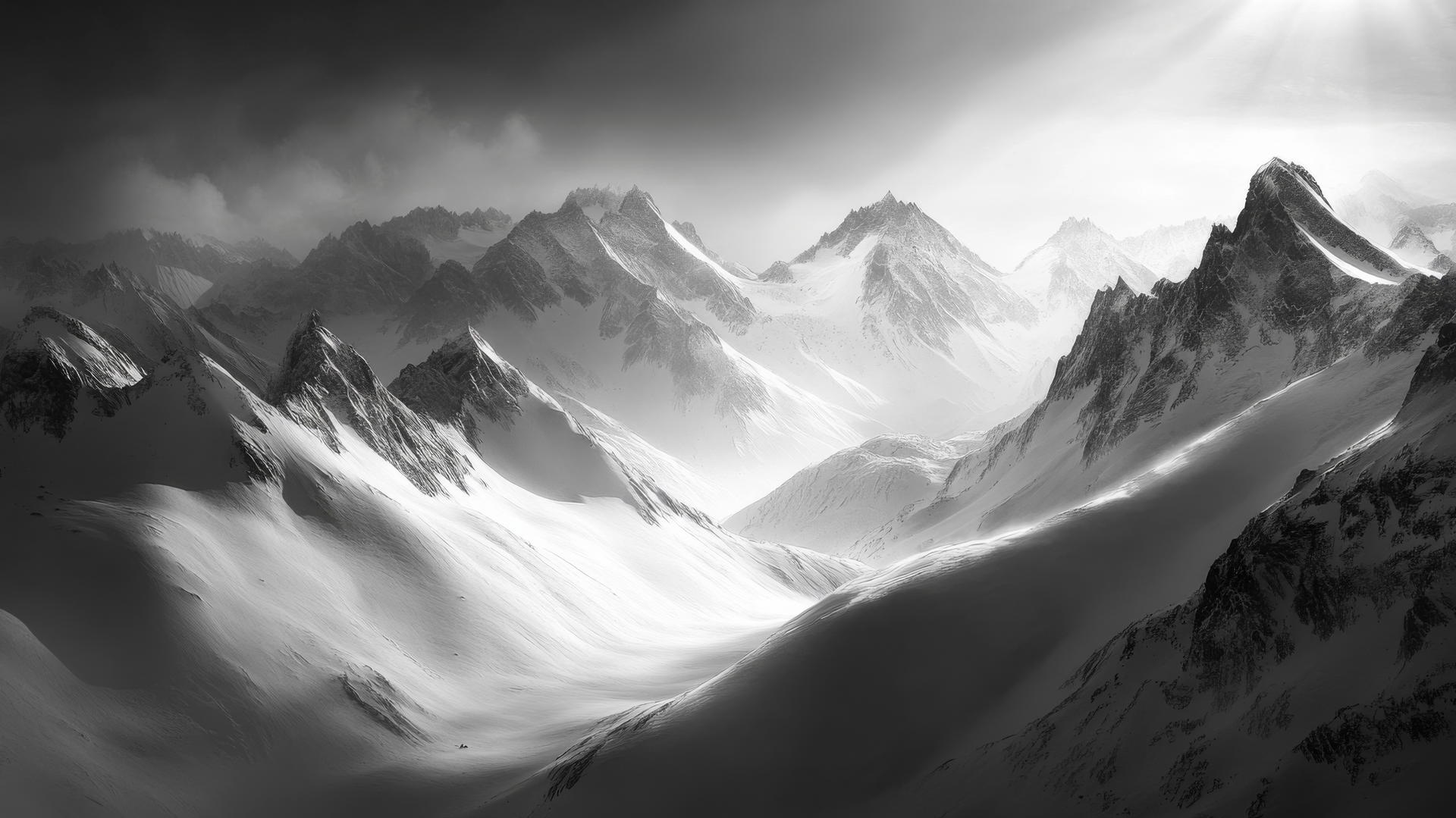 black and white wallpaper of majestic mountain range with snowy peaks casting shadows