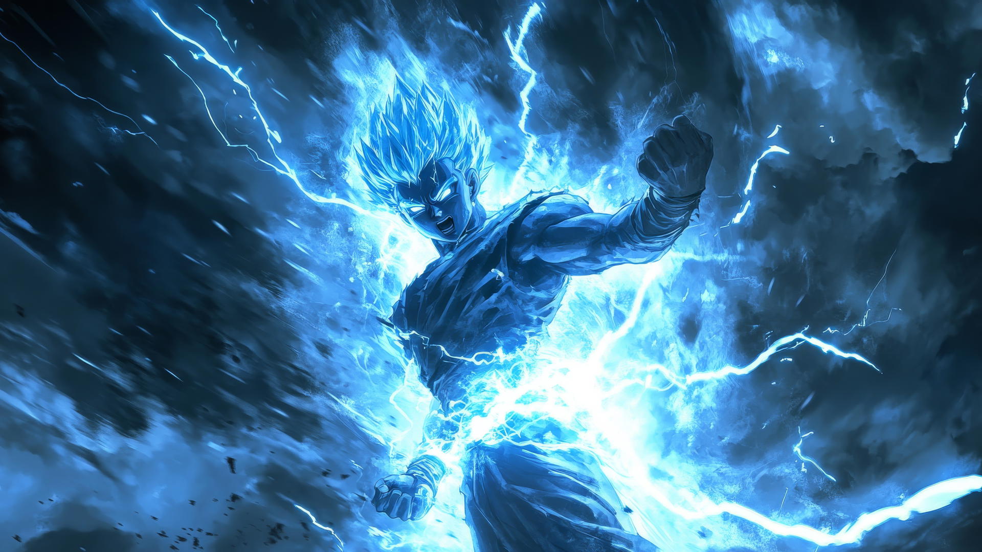 Goku performing a Kamehameha wave under a dark stormy sky