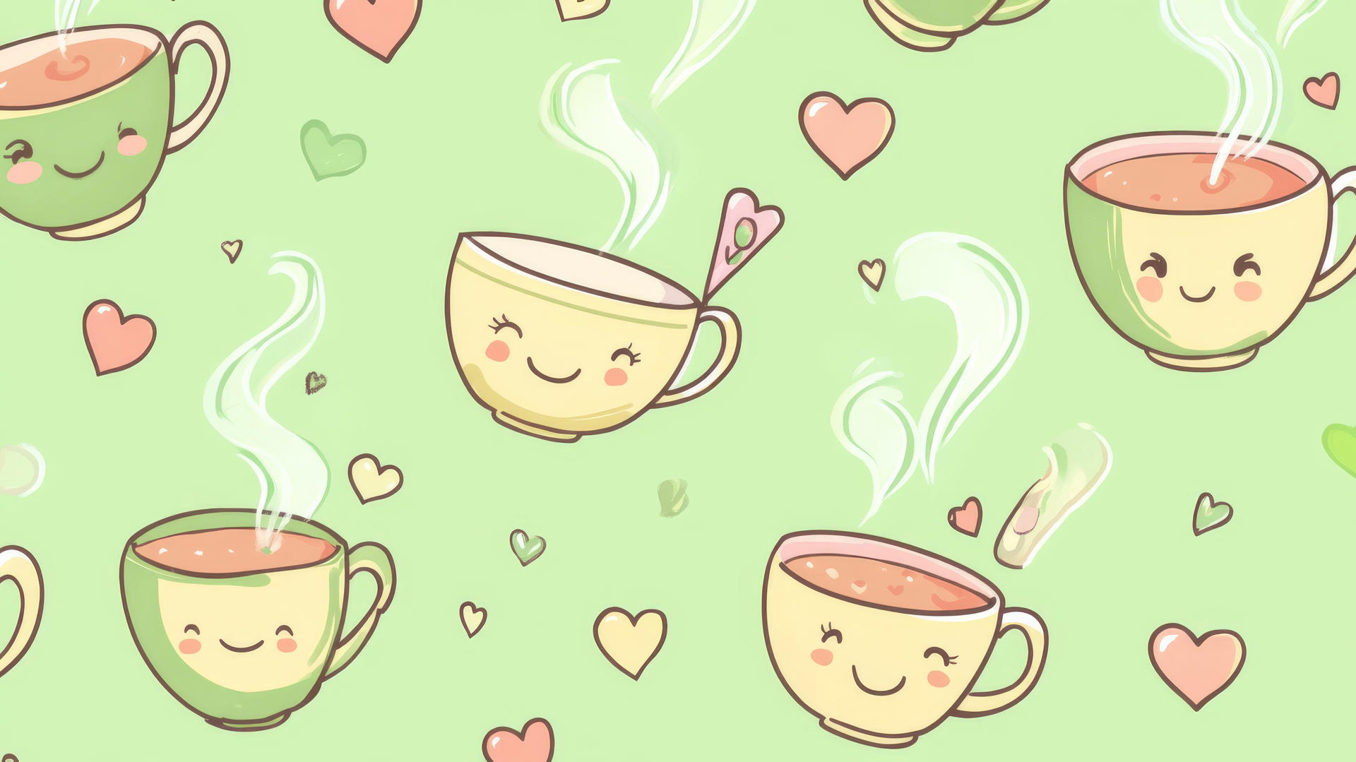 cute green wallpaper with kawaii tea cups, smiling faces, heart-shaped steam on green background