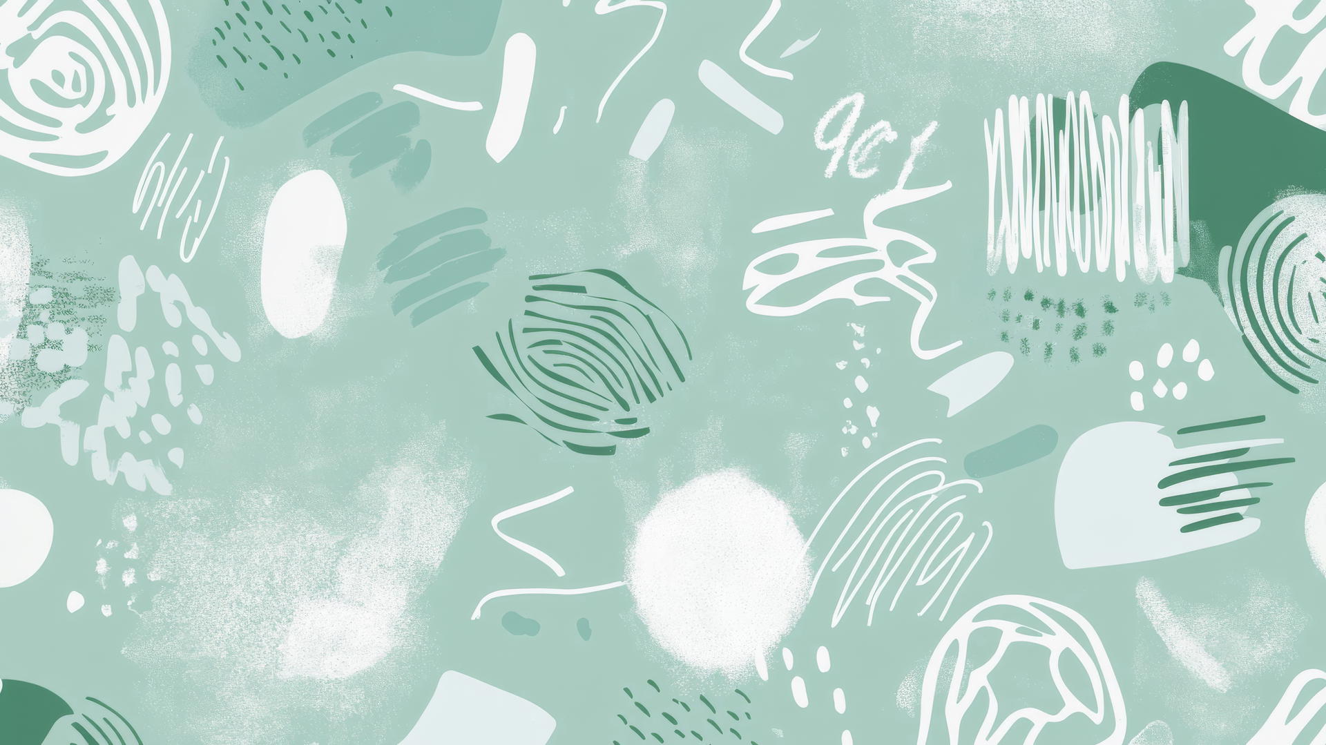 Aesthetic green wallpaper with abstract shapes and doodles.